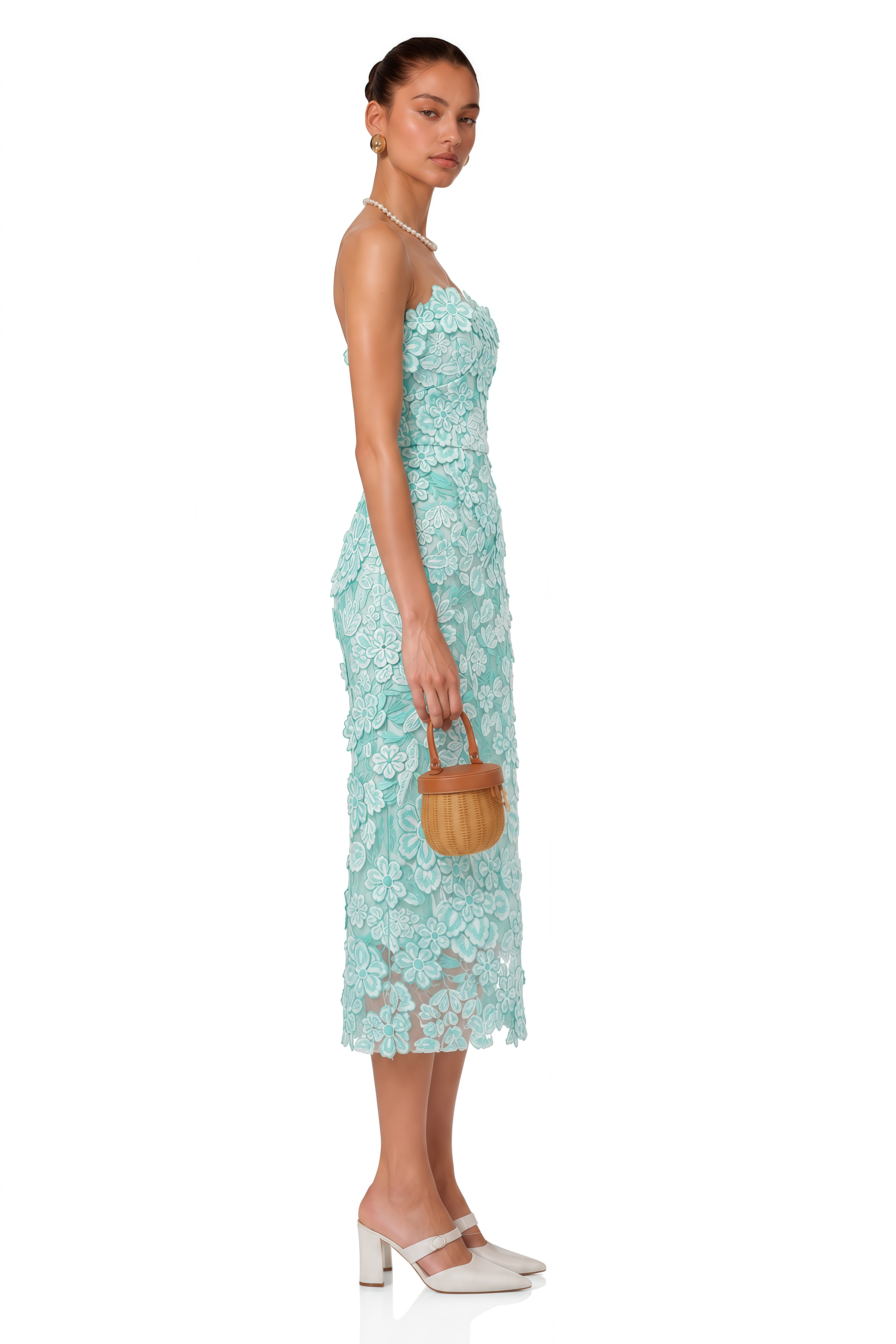 Duygu Green Off Shoulder Midi Dress with 3D Florals
