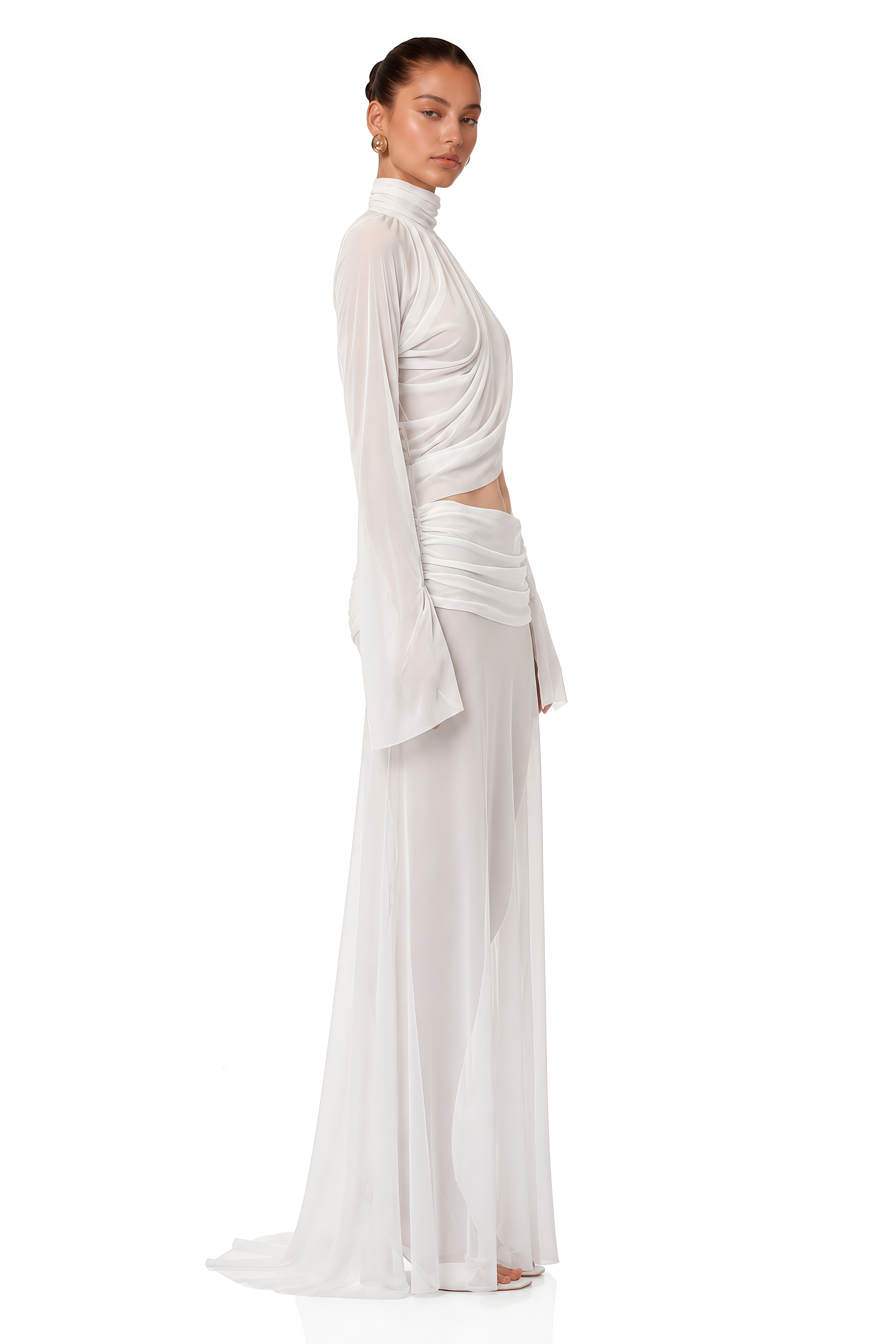 Giuseppina White High Neck Cut-Out Top & Skirt Set