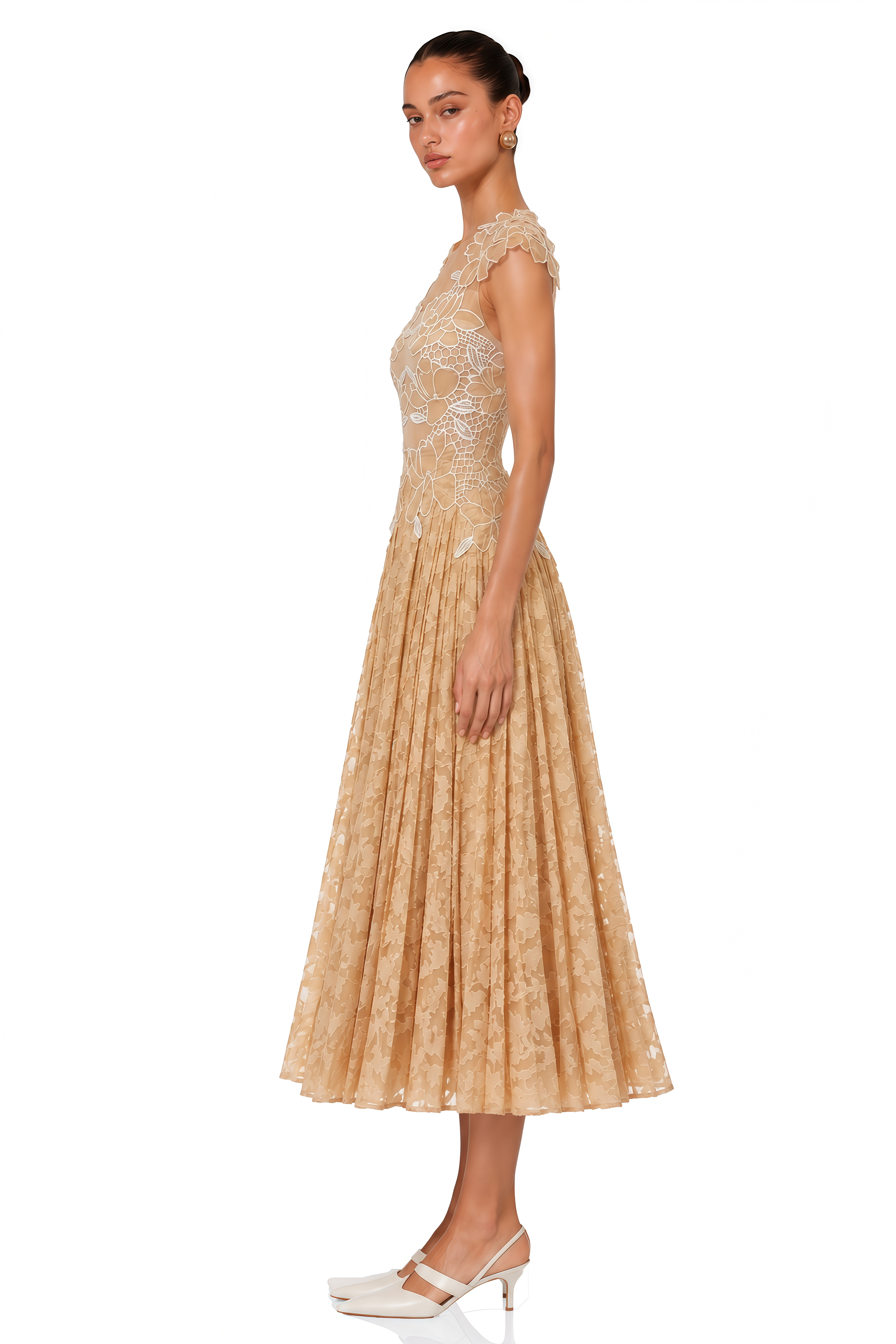Vonda Neutral Floral Lace Pleated Midi Dress