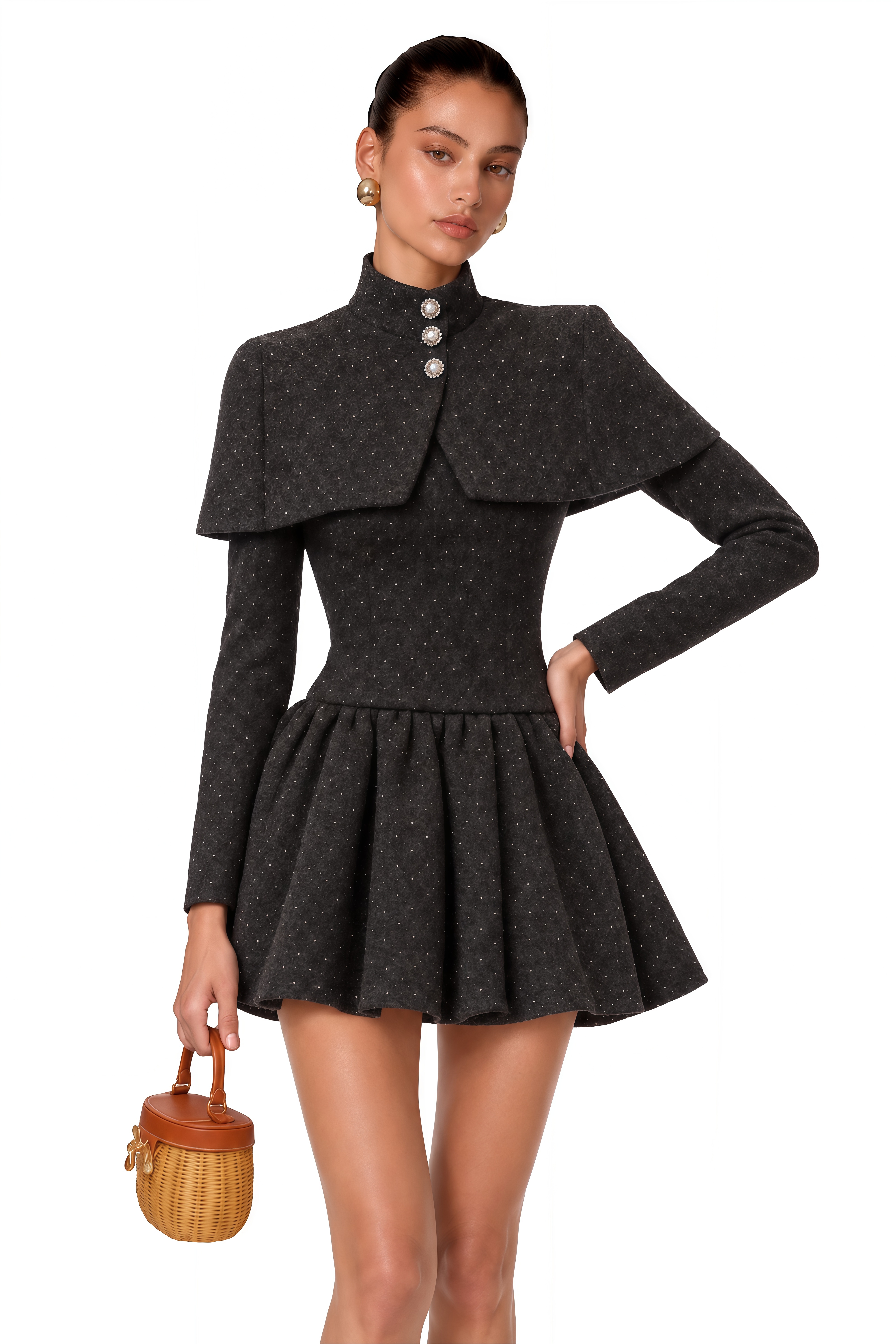 Indira Grey Polka Dot Woolen Cape & Dress Set
