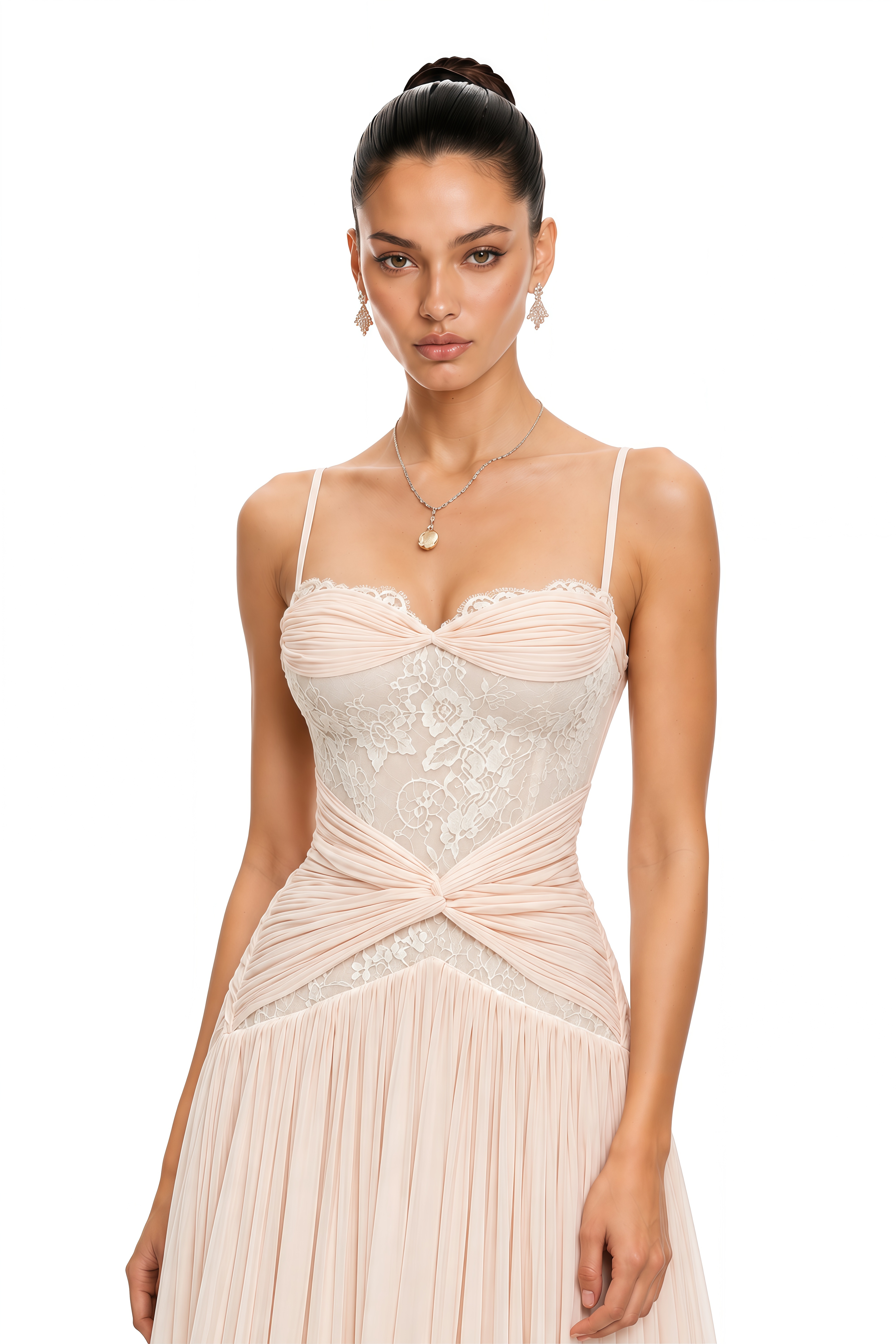 Brigitte Cream White Ruched Maxi Dress with Lace Panels