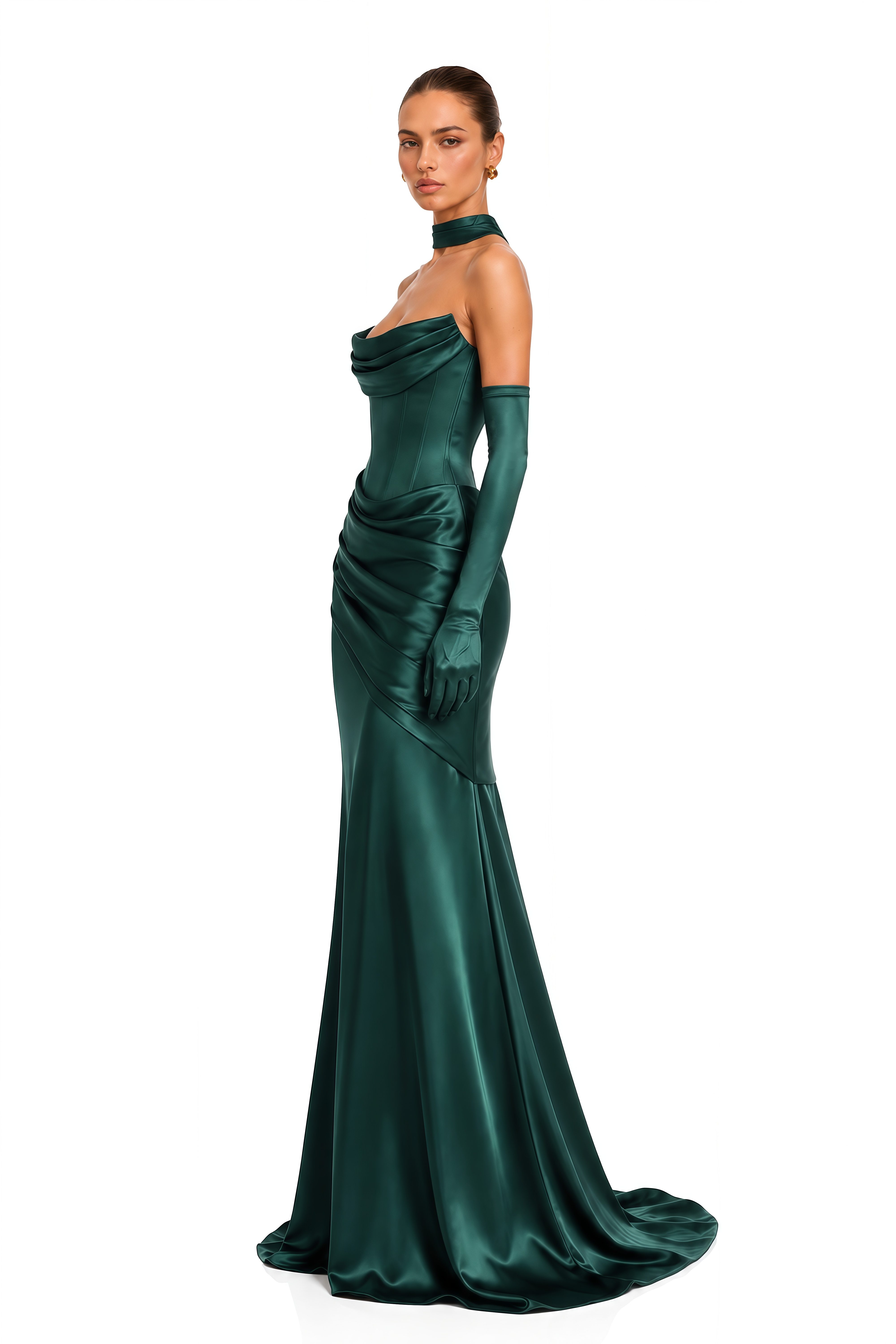 Marilou Green Ruched Satin Maxi Dress  (Without Gloves)