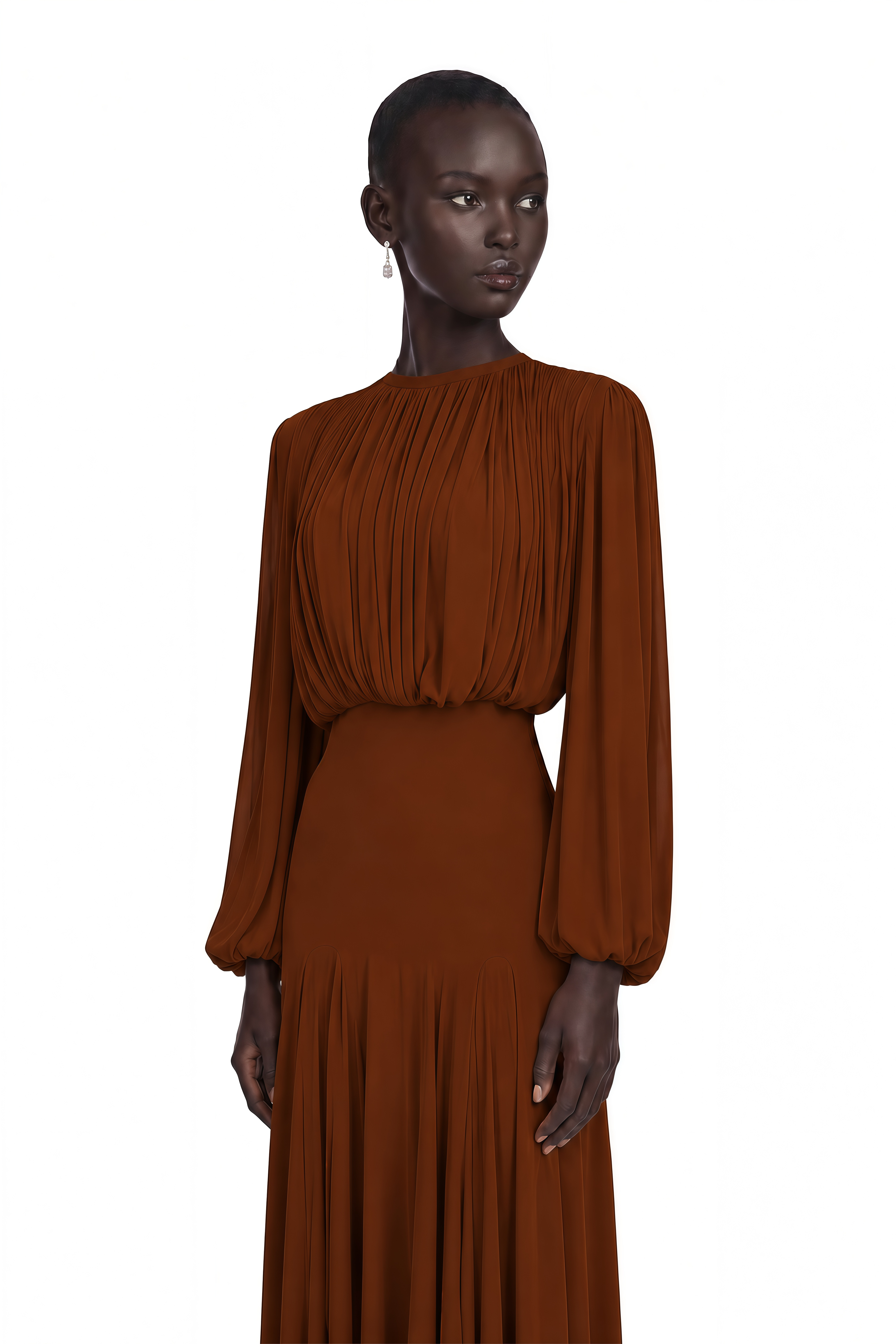 Annabelle Brown Lantern Sleeve Pleated Maxi Dress