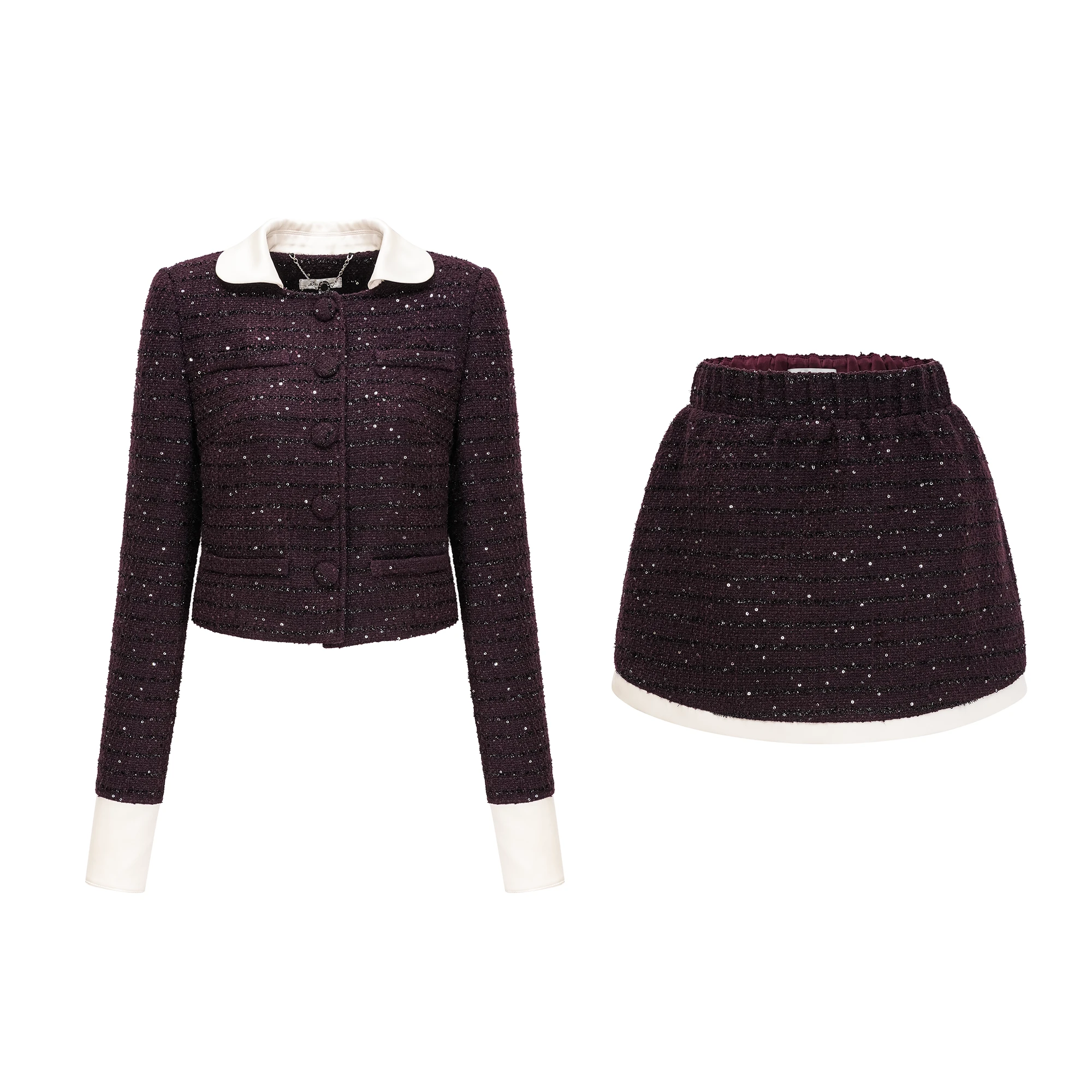 Purple tweed jacket and mini skirt set