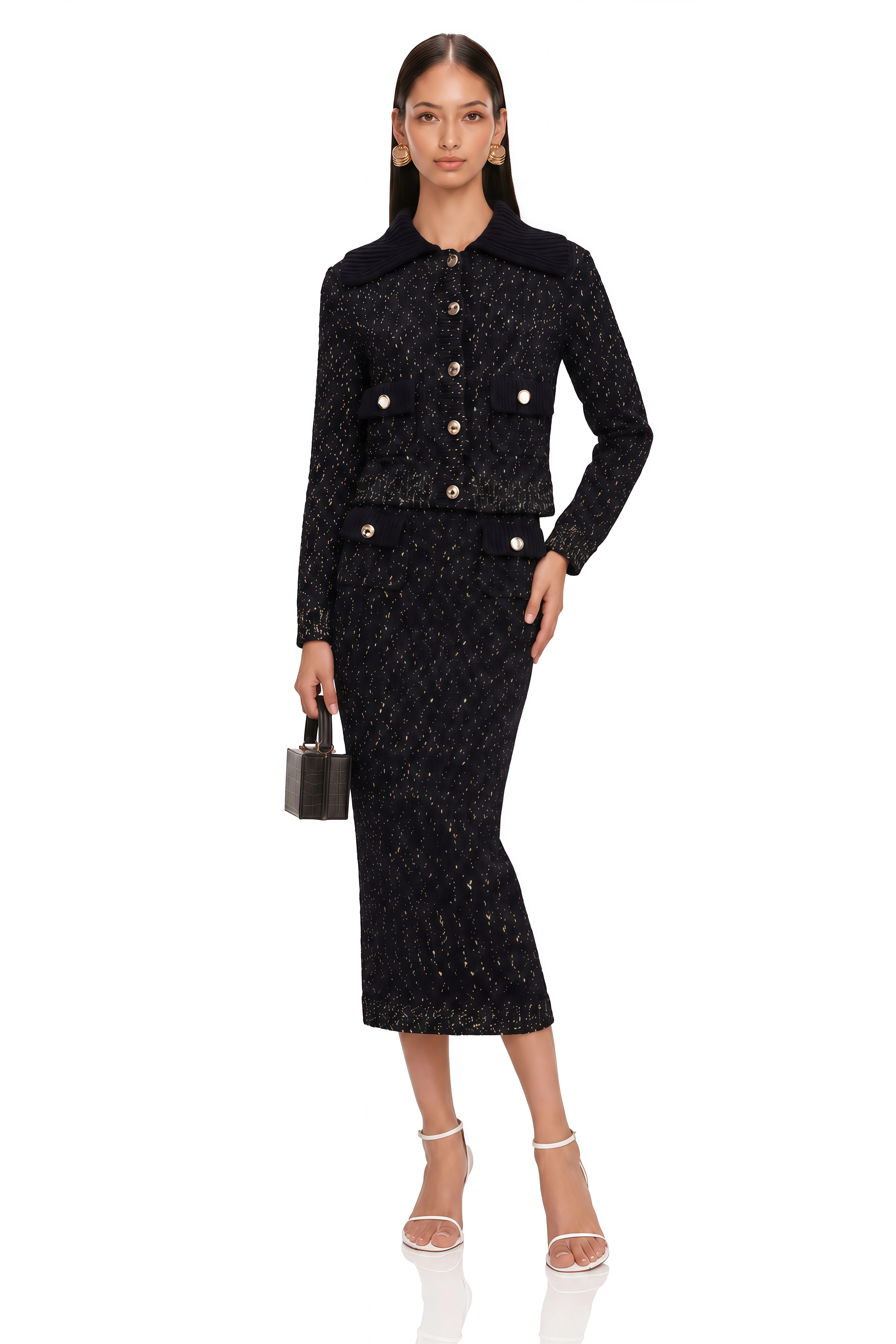 Claudine Navy Crochet-Knit Jacket & Skirt Matching Set