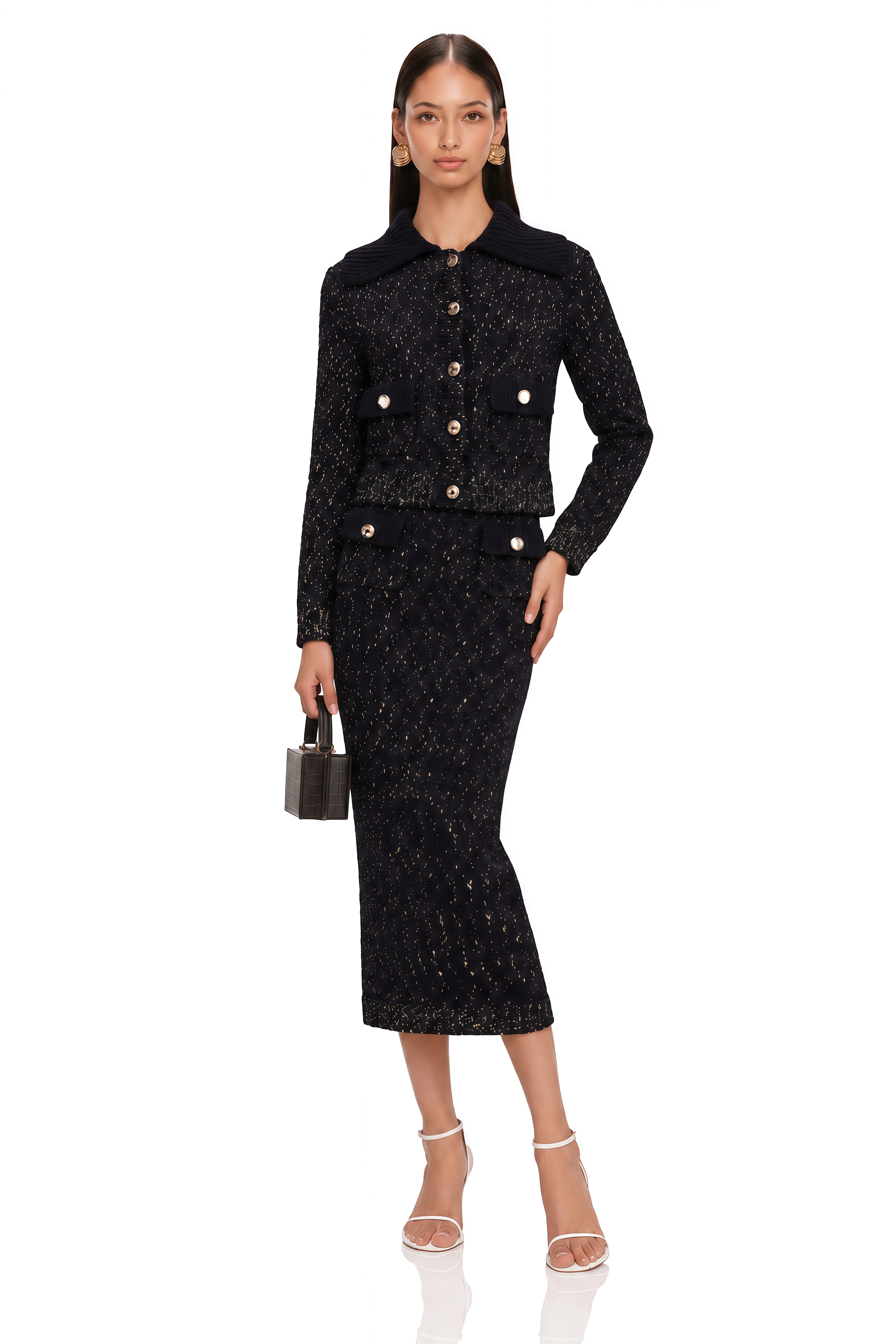 Claudine Navy Crochet-Knit Jacket & Skirt Matching Set