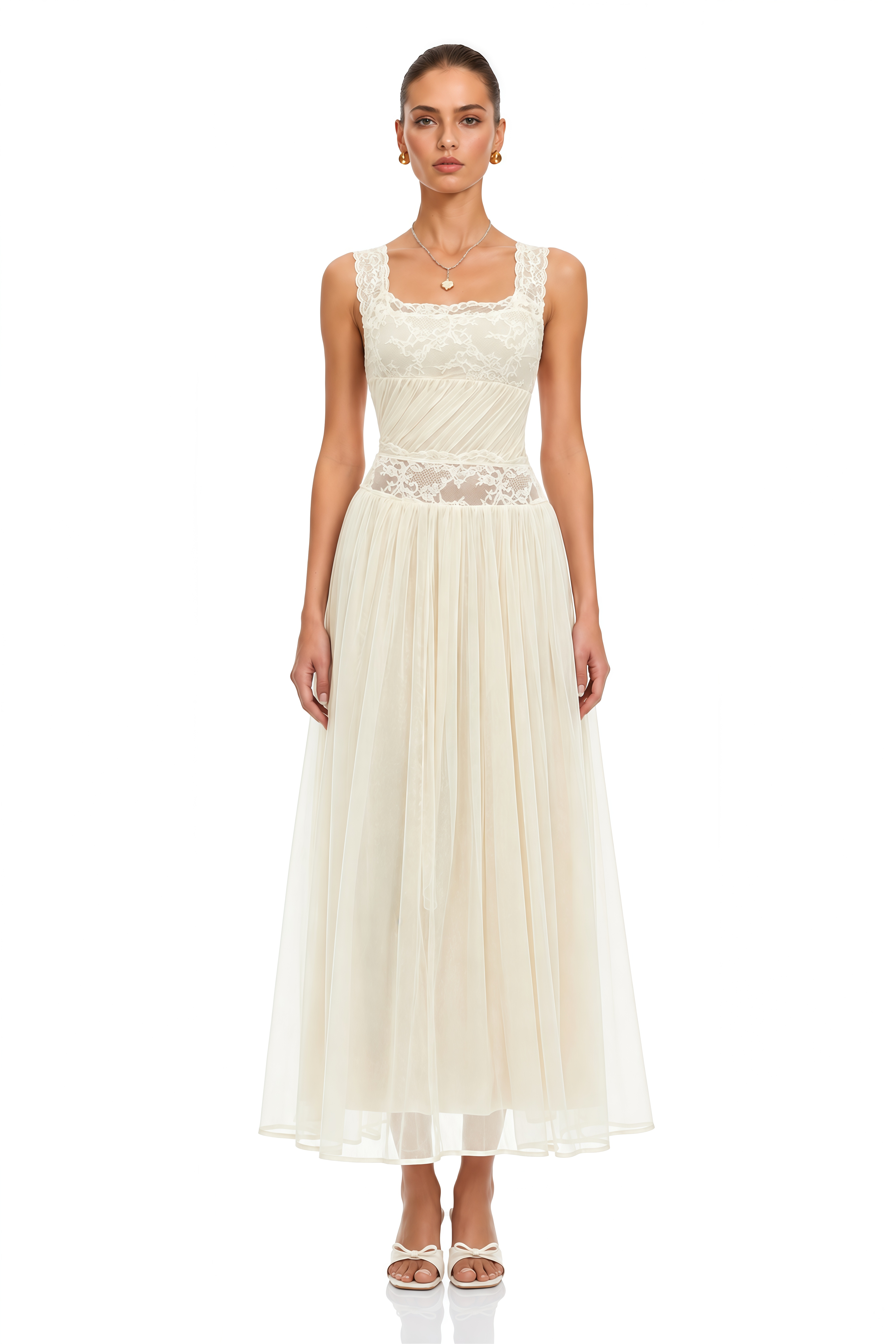 Wolfgang White Pleated Maxi Dress with Lace Panels