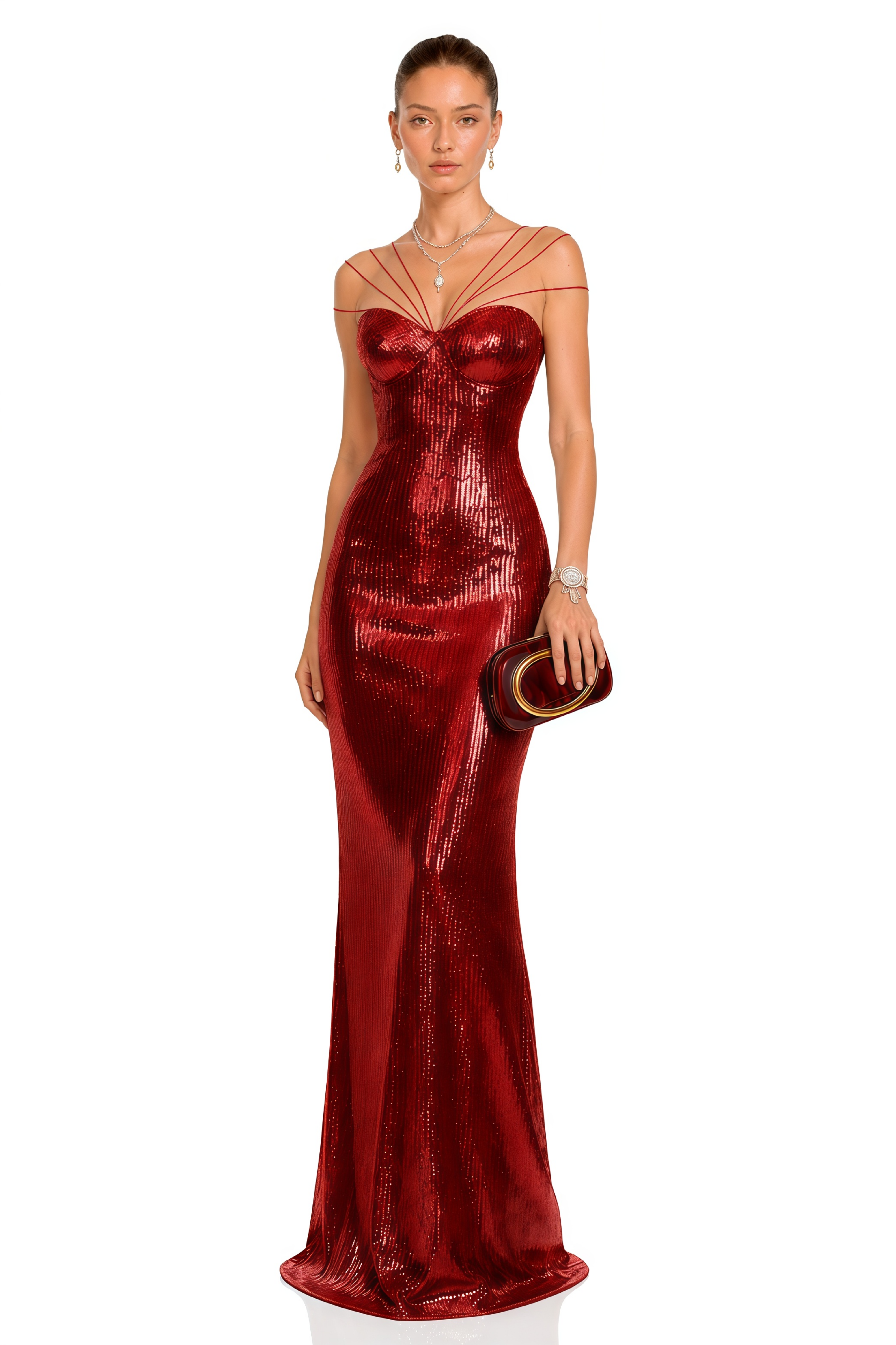 Cressida Red Sparkly Embellished Maxi Dress
