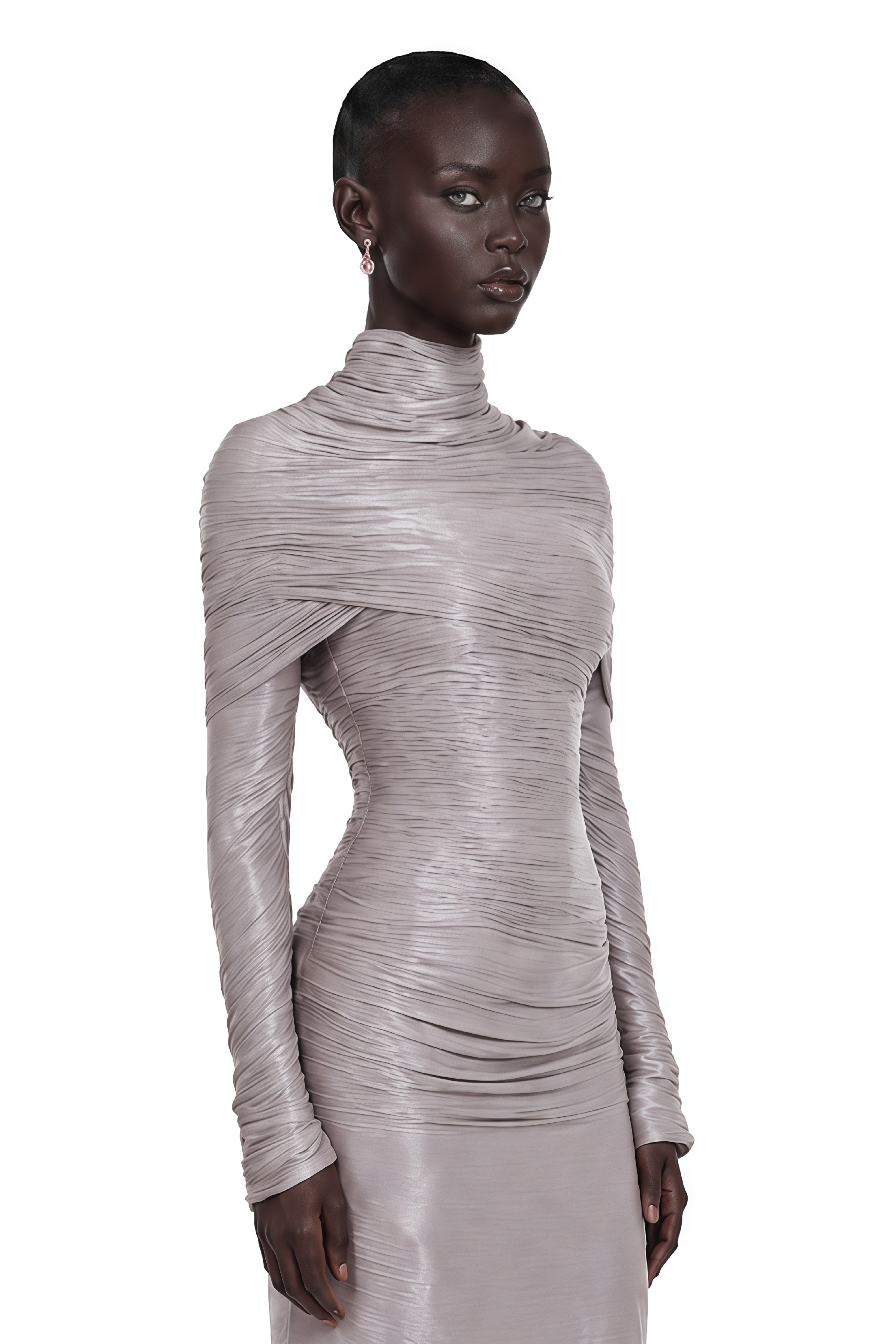 Nerida Silver Turtleneck Ruched Maxi Dress