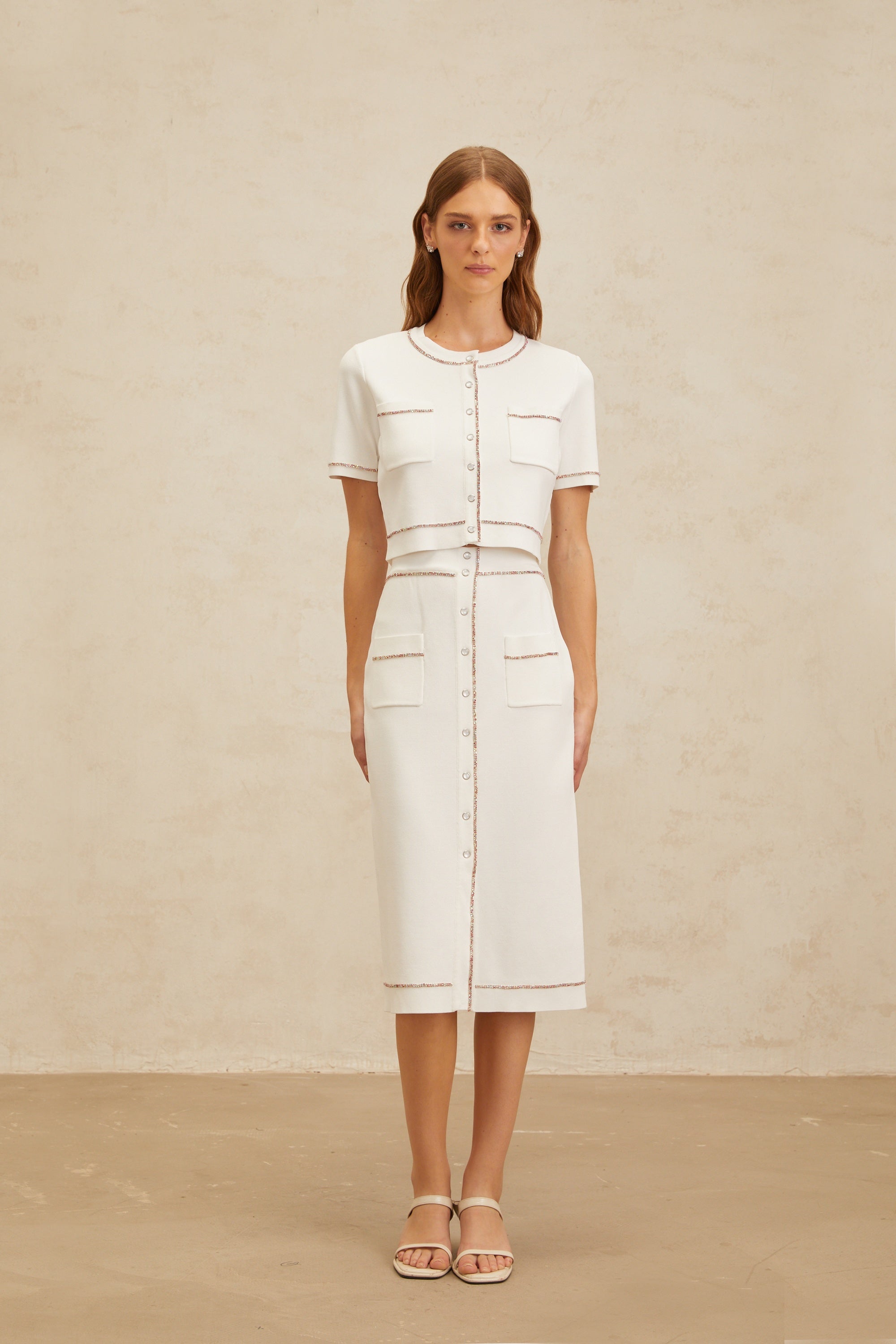 Clotilde White embellished Knit Top & Skirt Set (Final Sale-US Only)