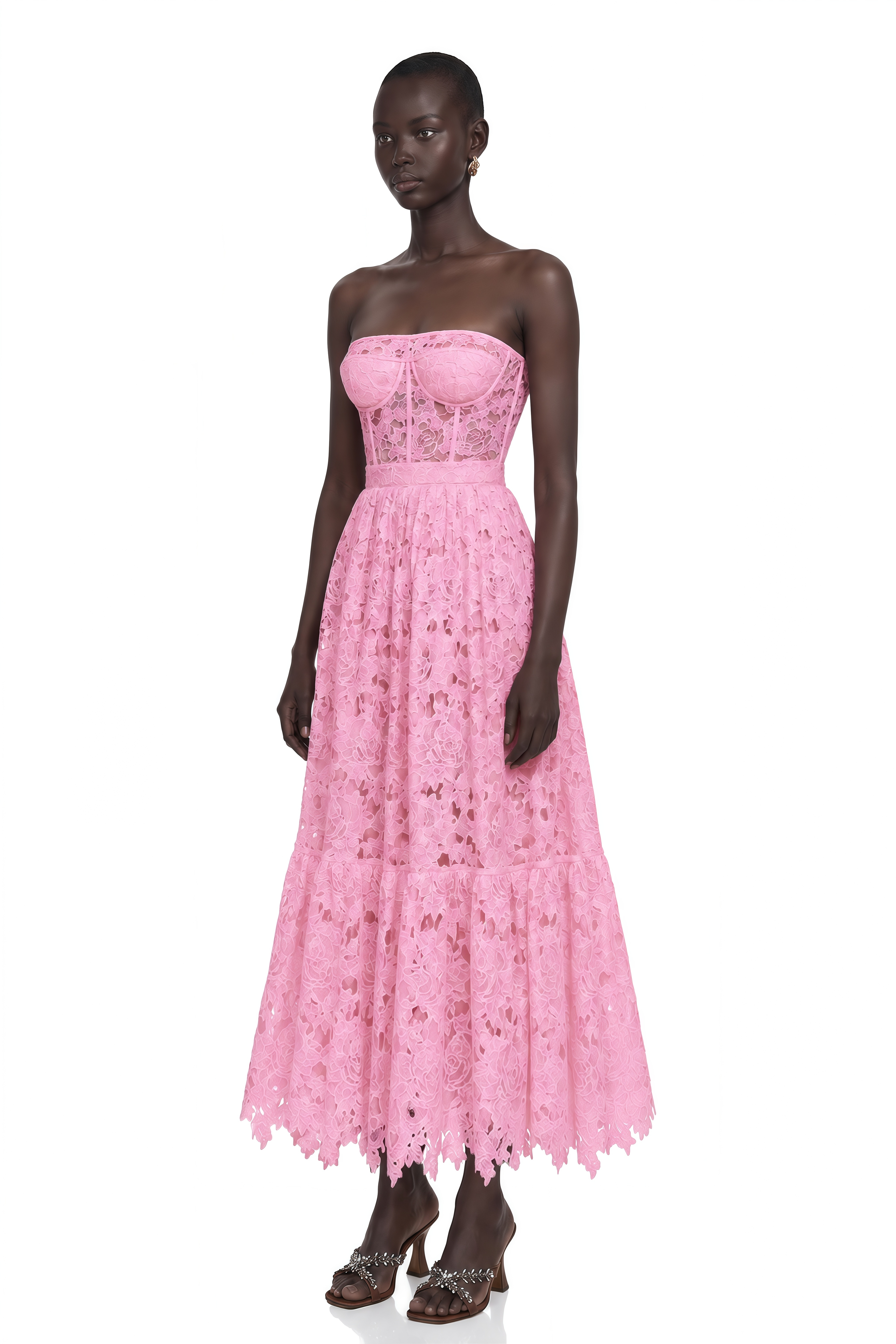 Inès Lace Floral Embroidered Cut-Out Midi Dress in Pink