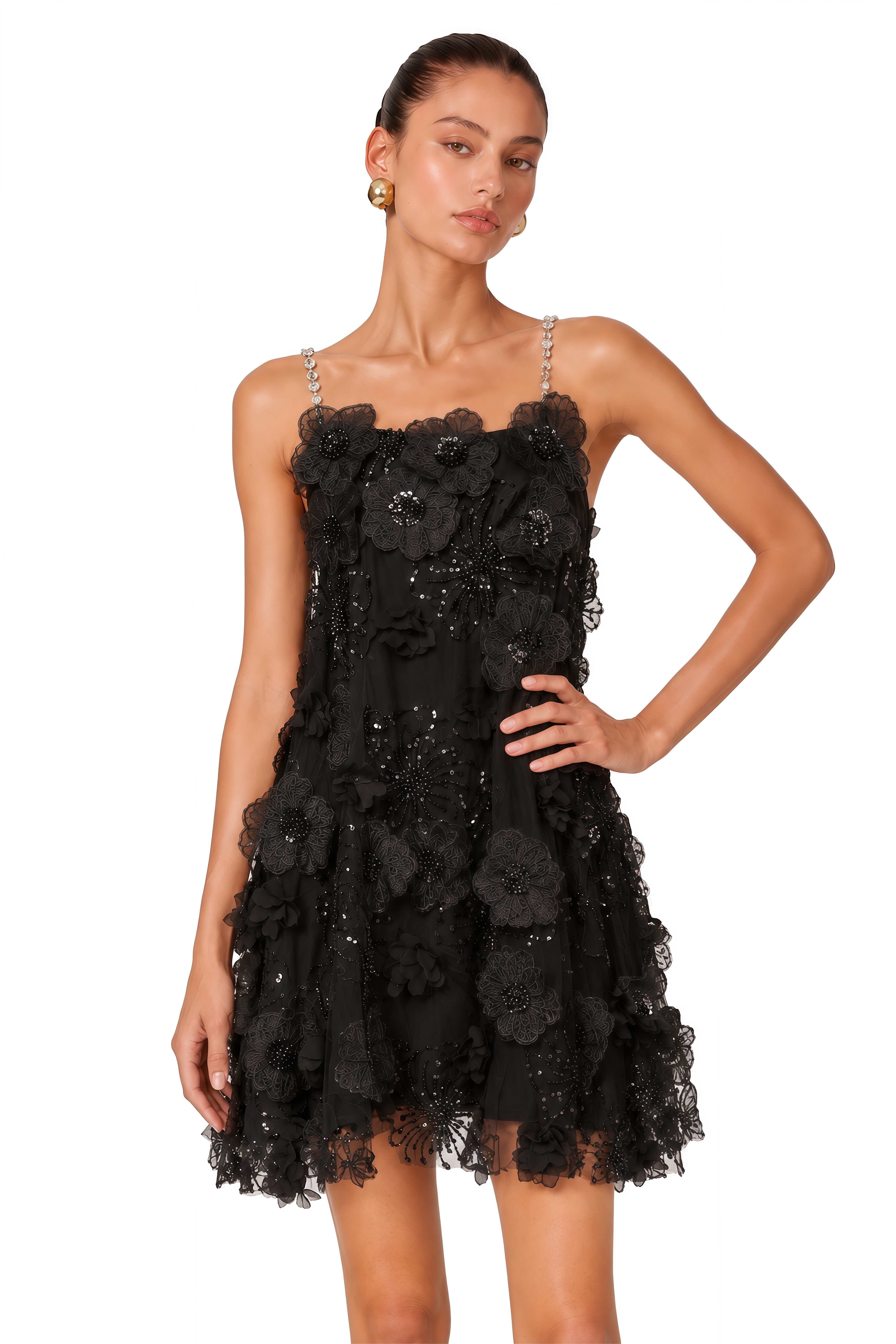 Suzette Crystal-Embellished Floral Mini Dress in Black