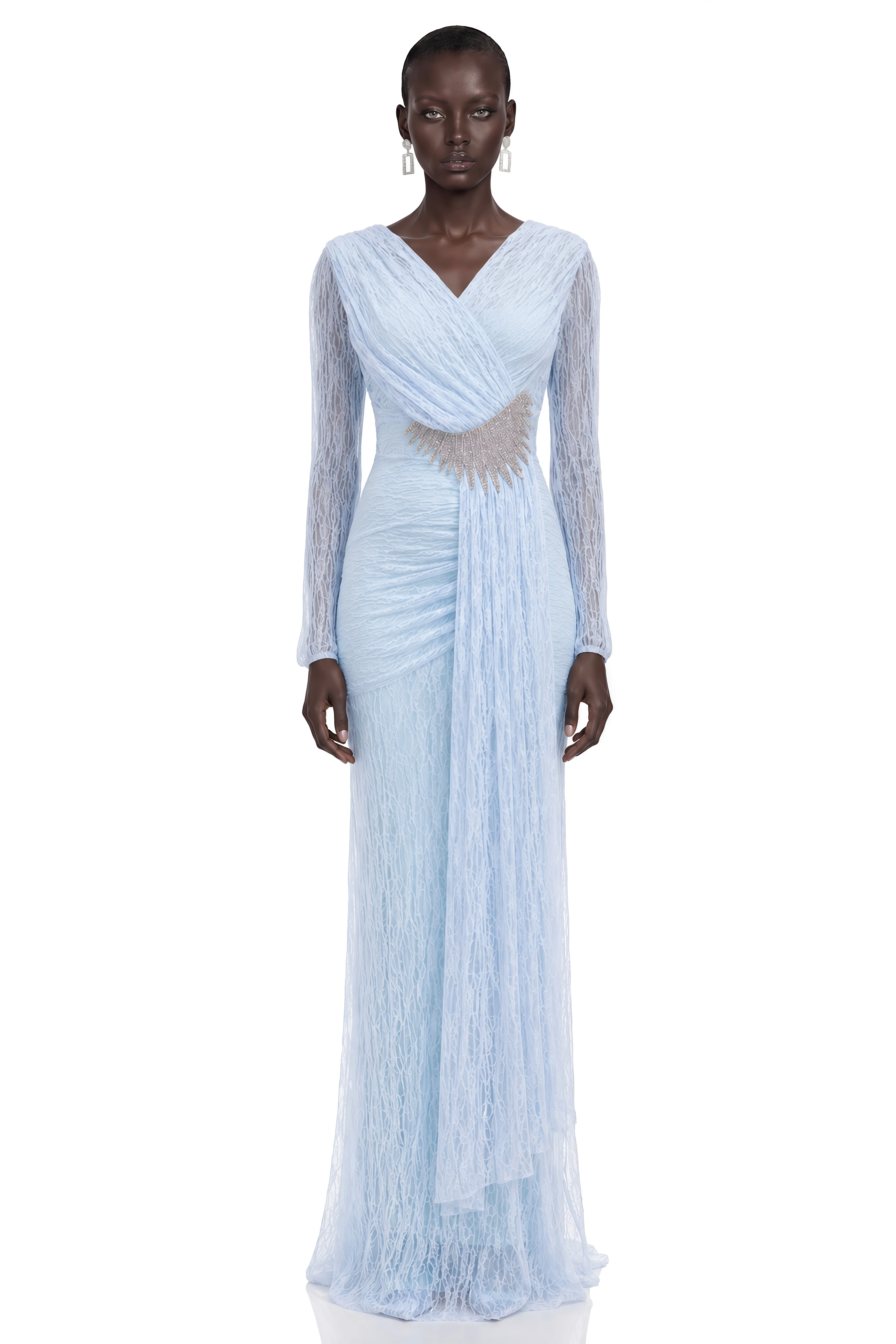 Elva Baby Blue Crystal-Embellished Draped Maxi Dress