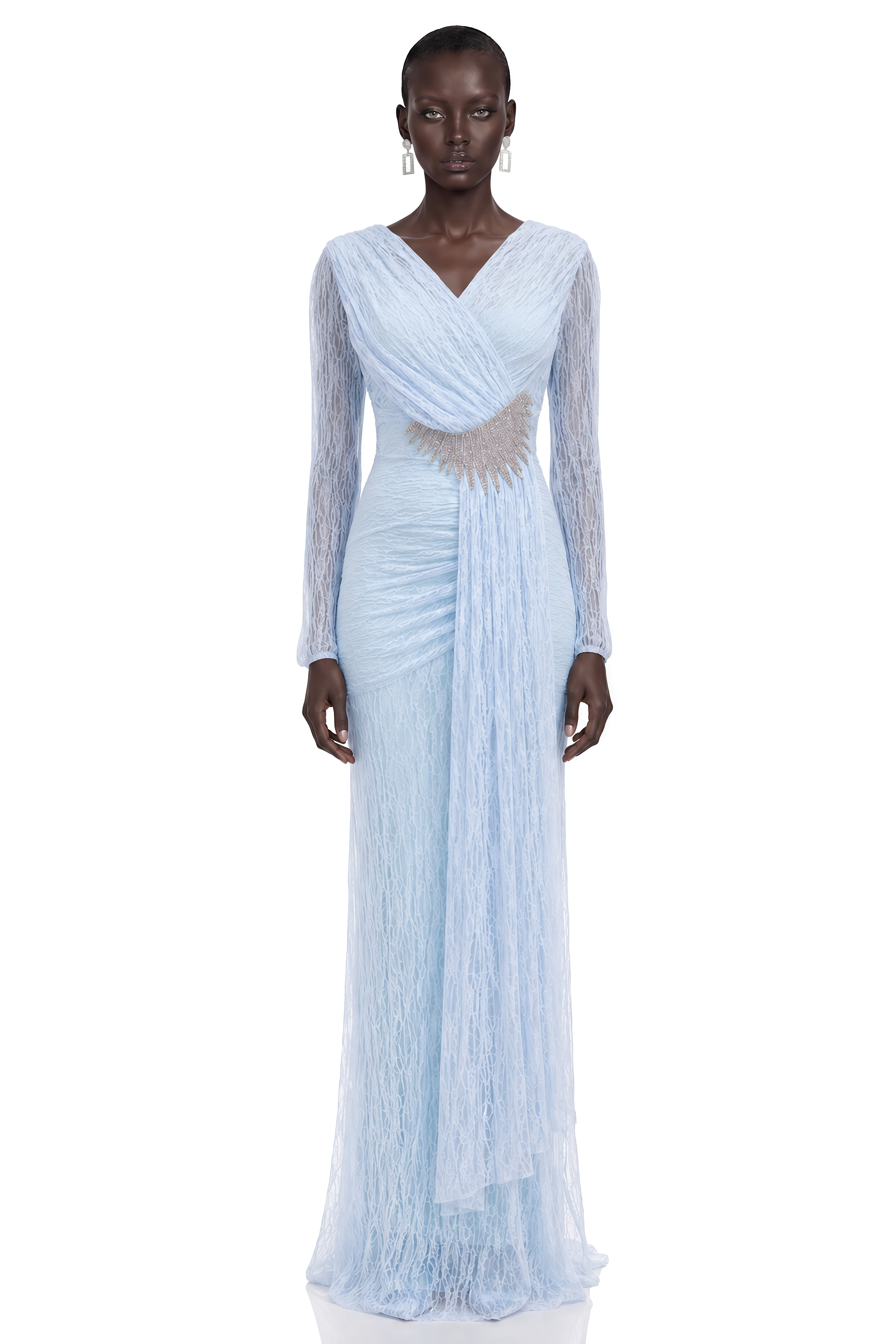 Elva Baby Blue Crystal-Embellished Draped Maxi Dress