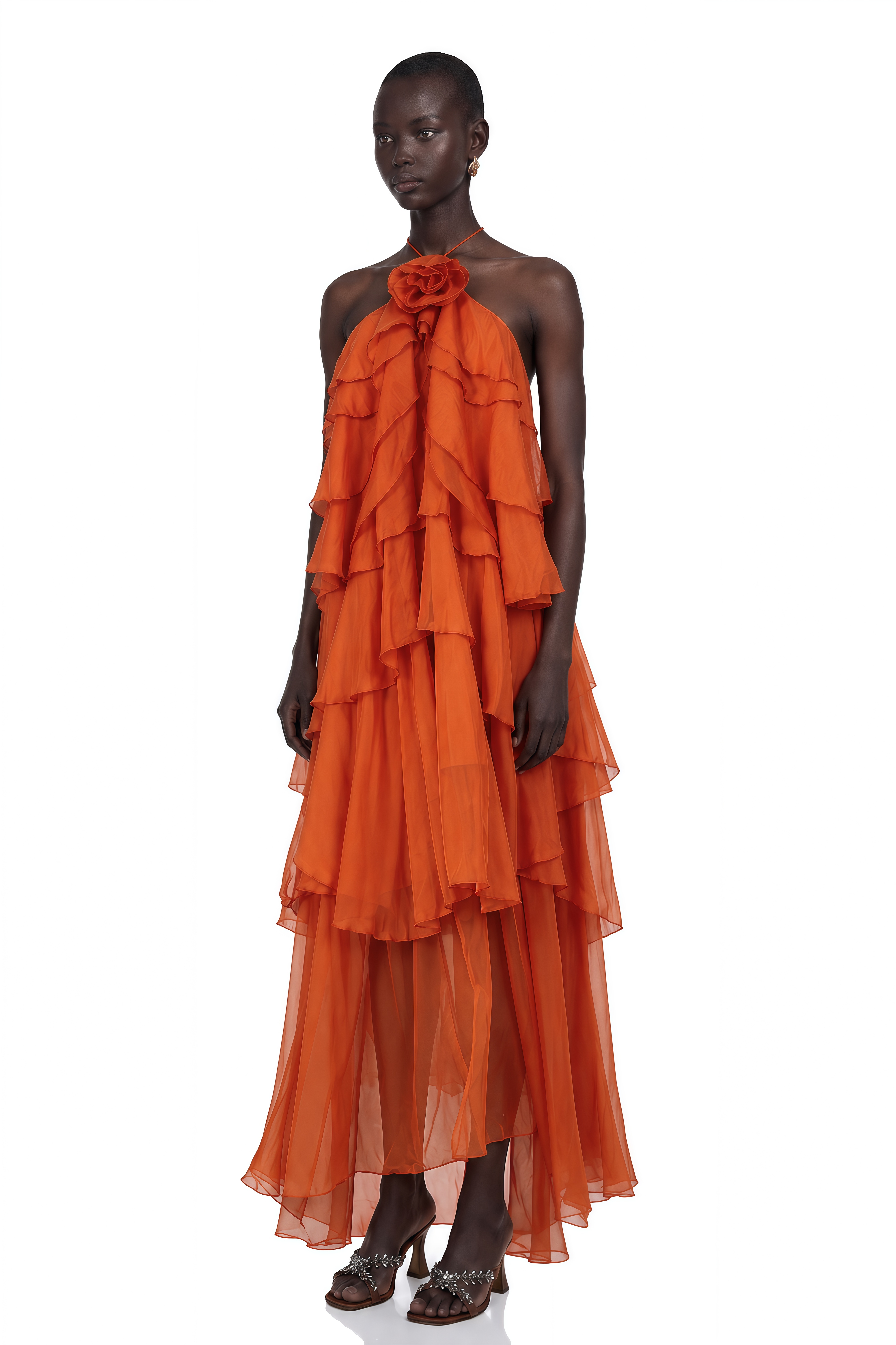 Carrie Orange Halterneck Flounced Maxi Dress