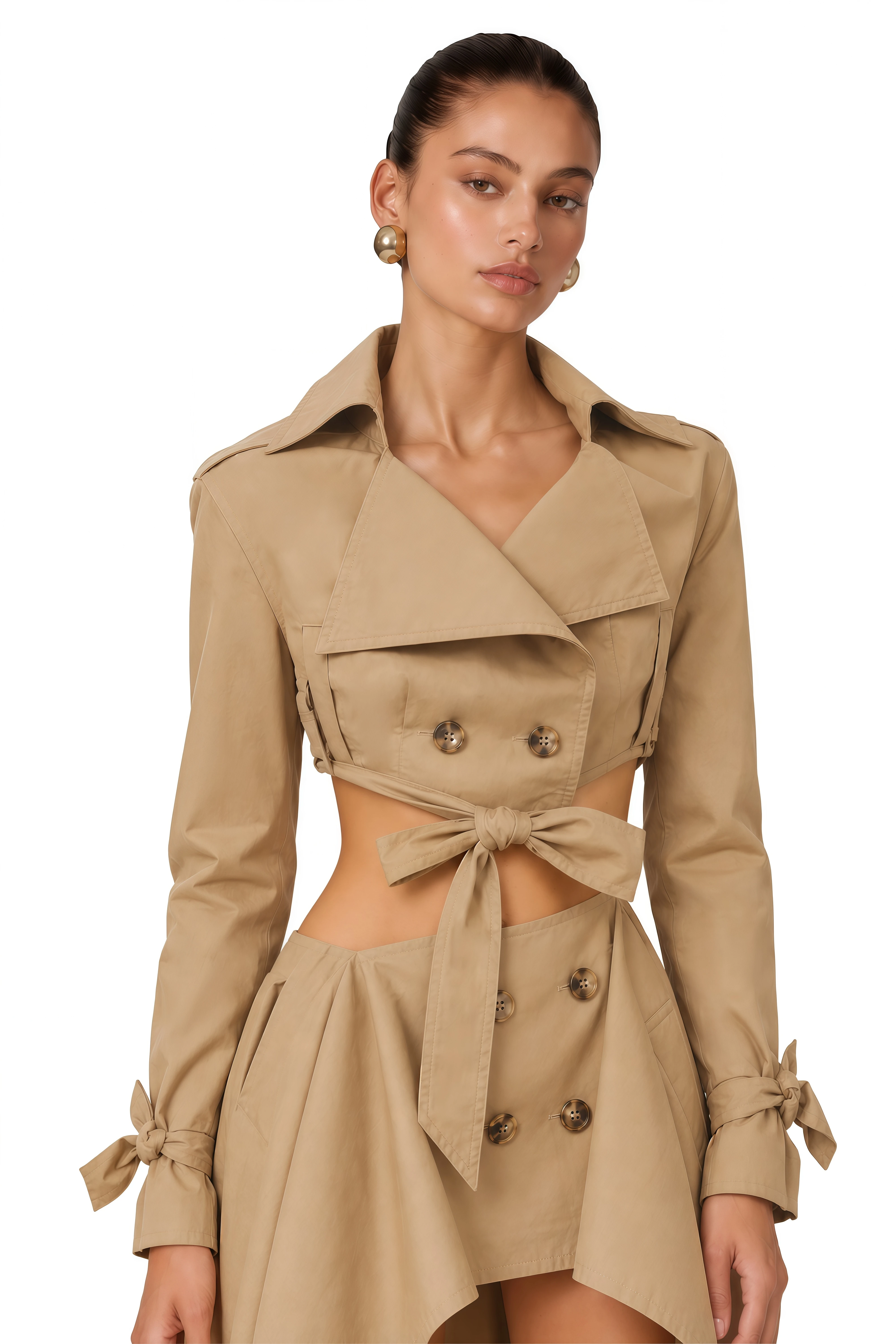Maelle Khaki Cropped Trench Jacket & Skirt Matching Set