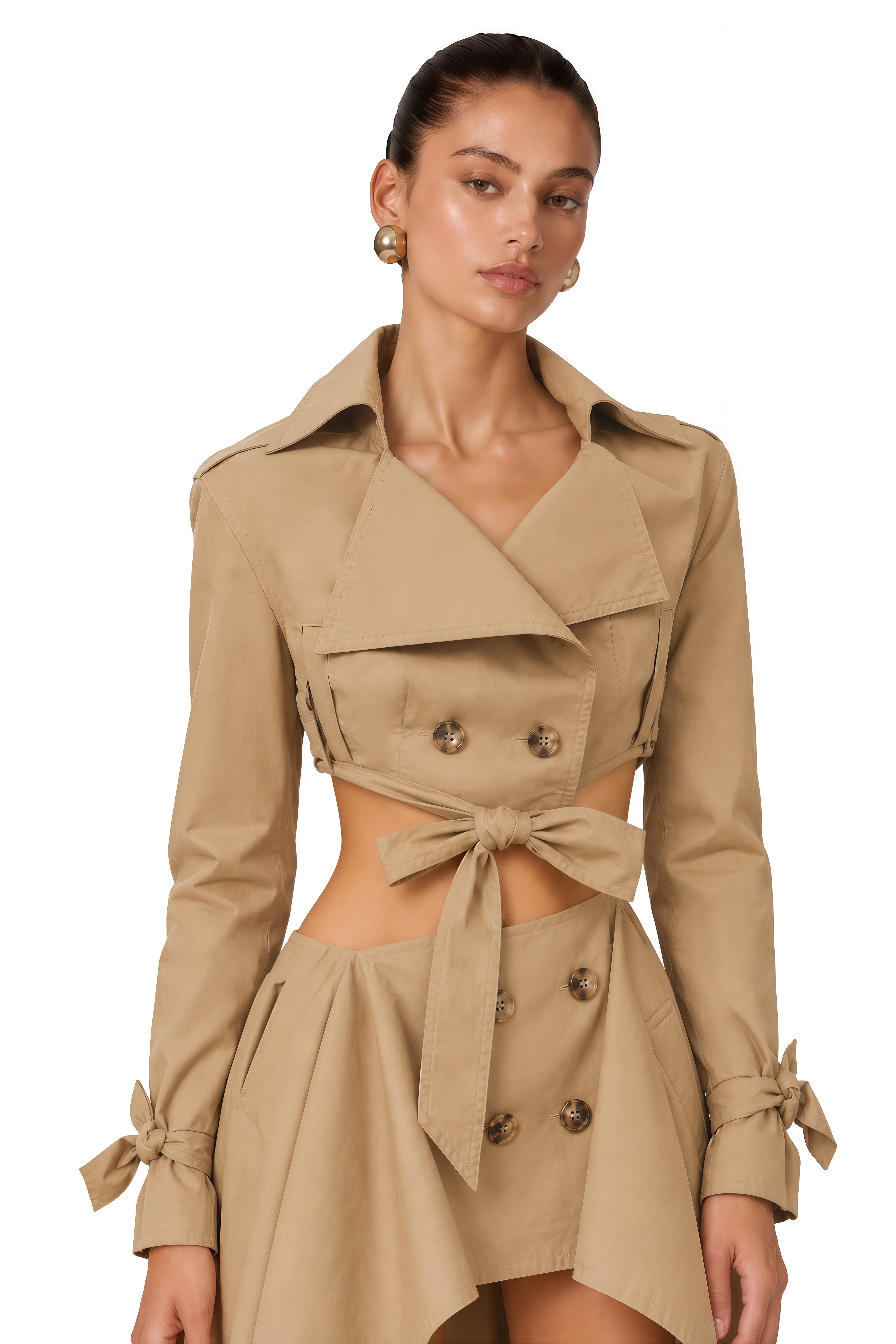 Maelle Khaki Cropped Trench Jacket & Skirt Matching Set