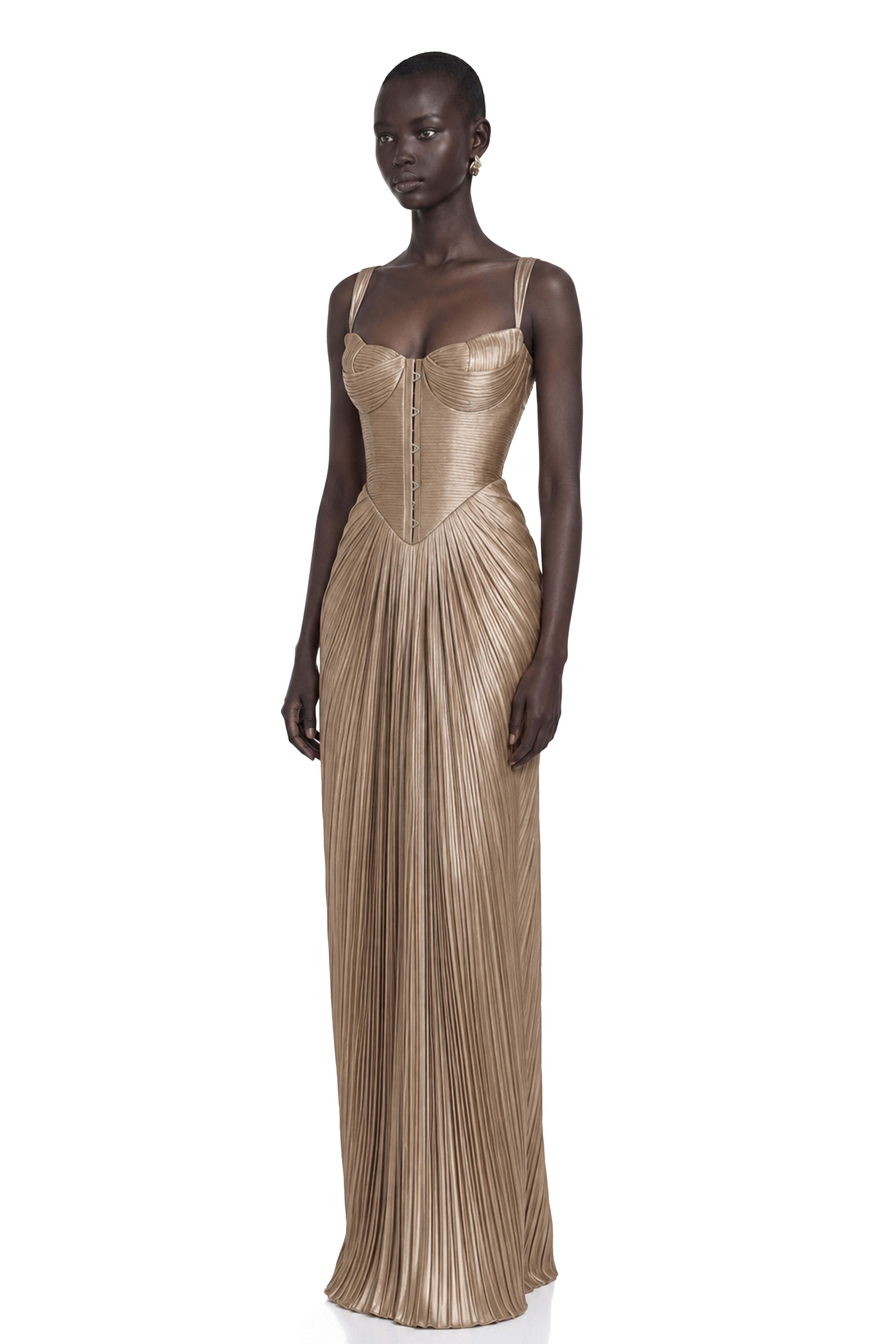Nicoletta Gold Glossy Pleated Corset Maxi Dress