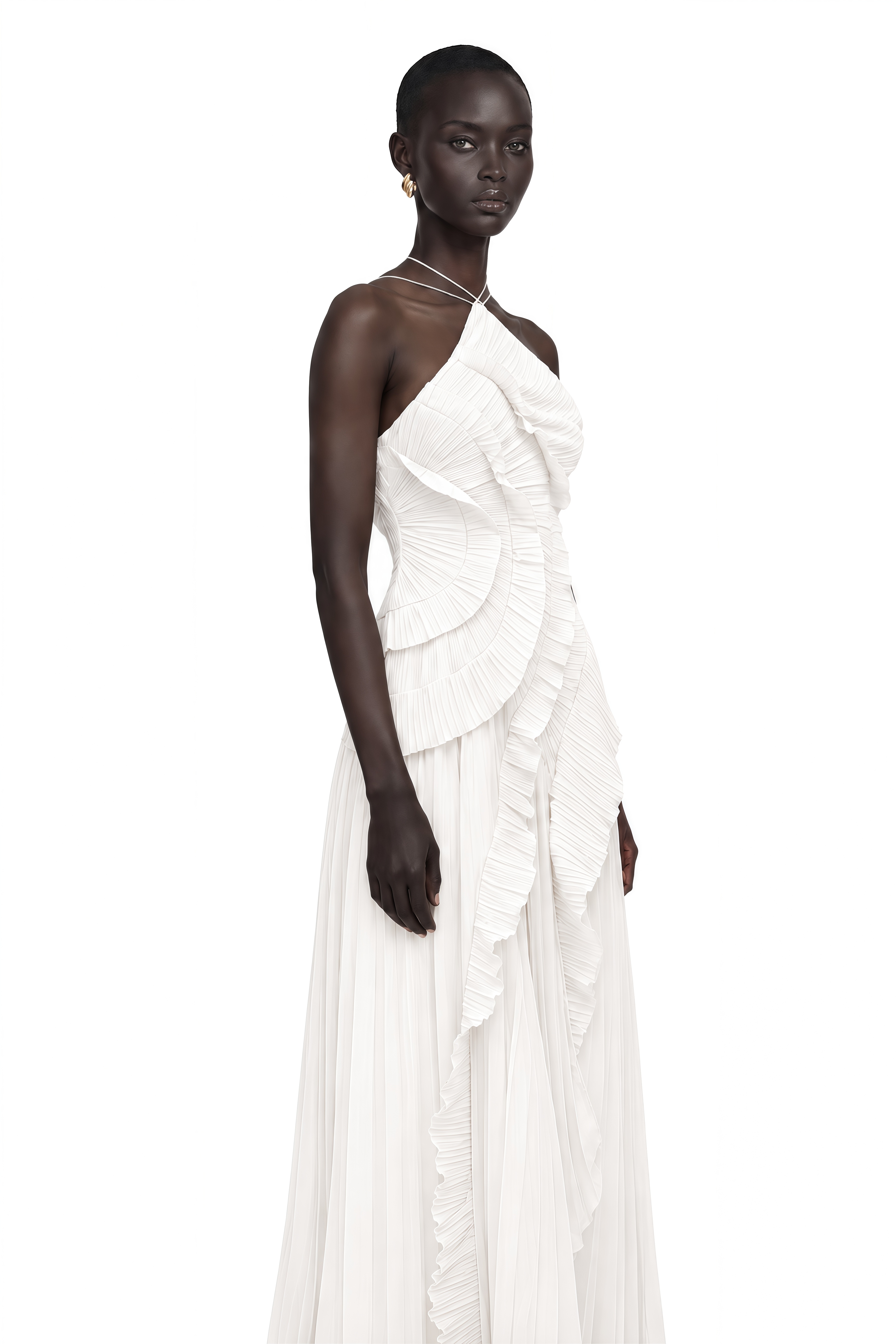 Doux White Ruffled Trim Pleated Midi Dress