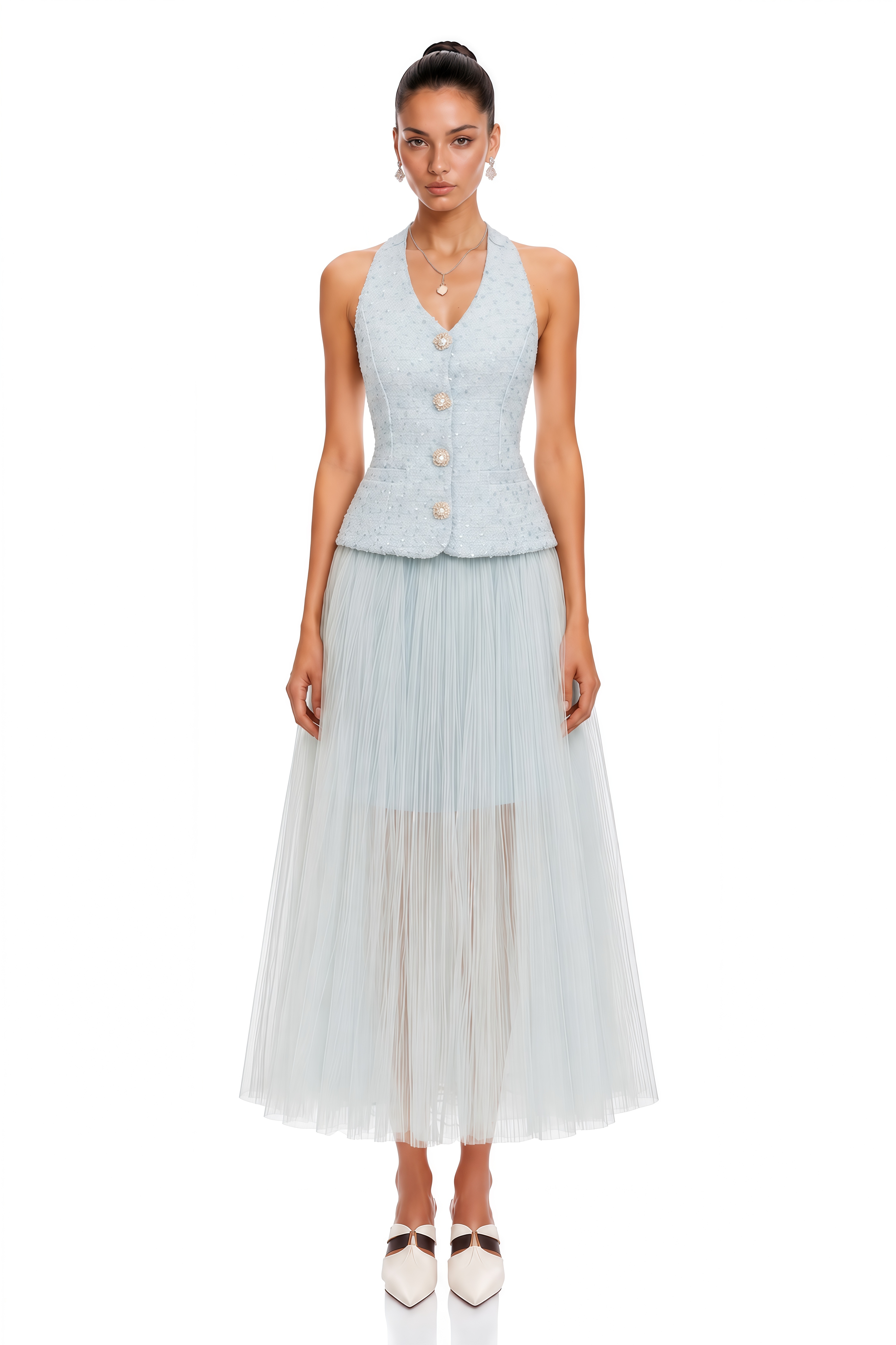 Margareta Blue Tweed Waistcoat & Tulle Skirt Set
