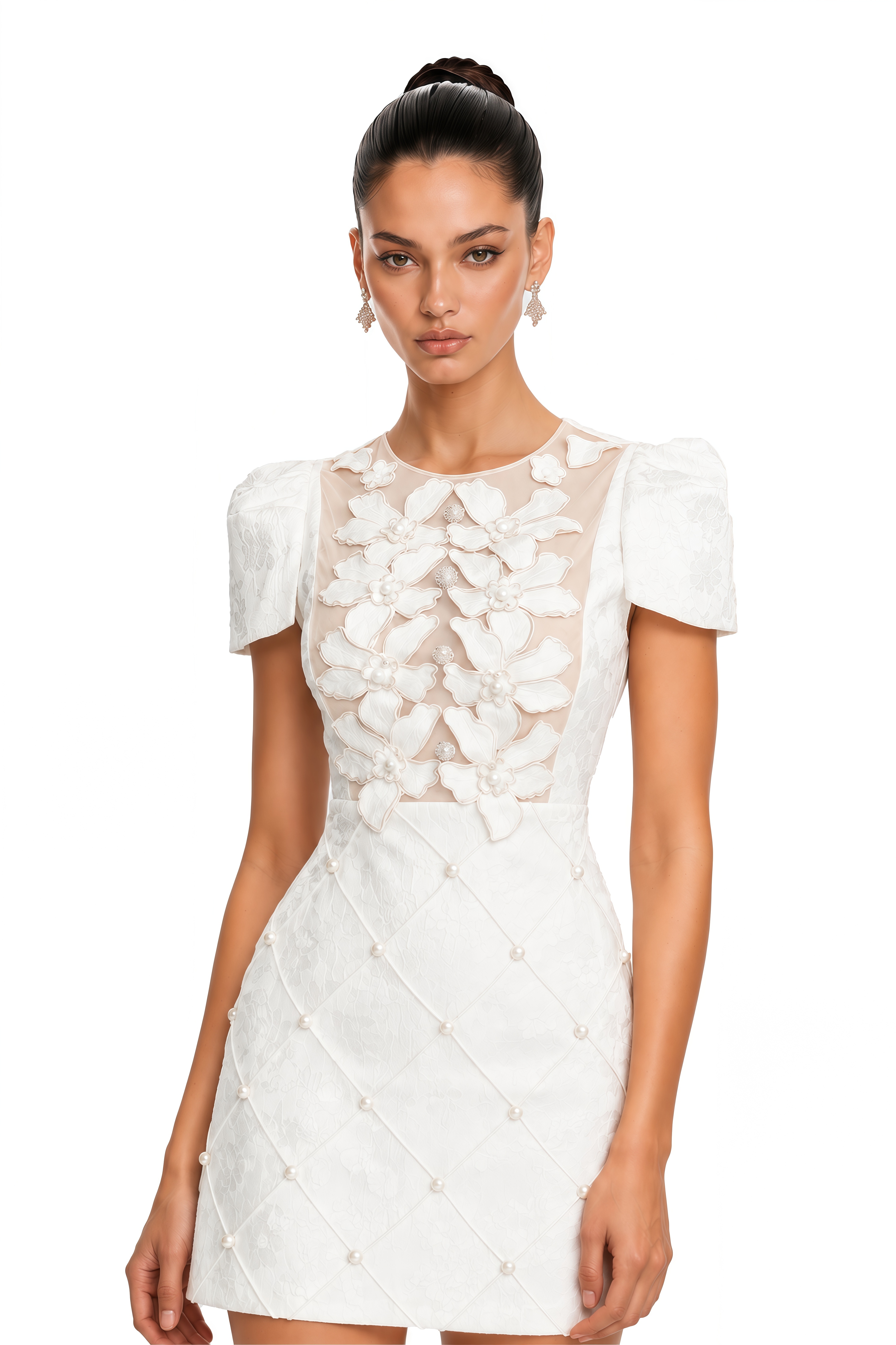 Coralie white petal-detail buttoned mini dress