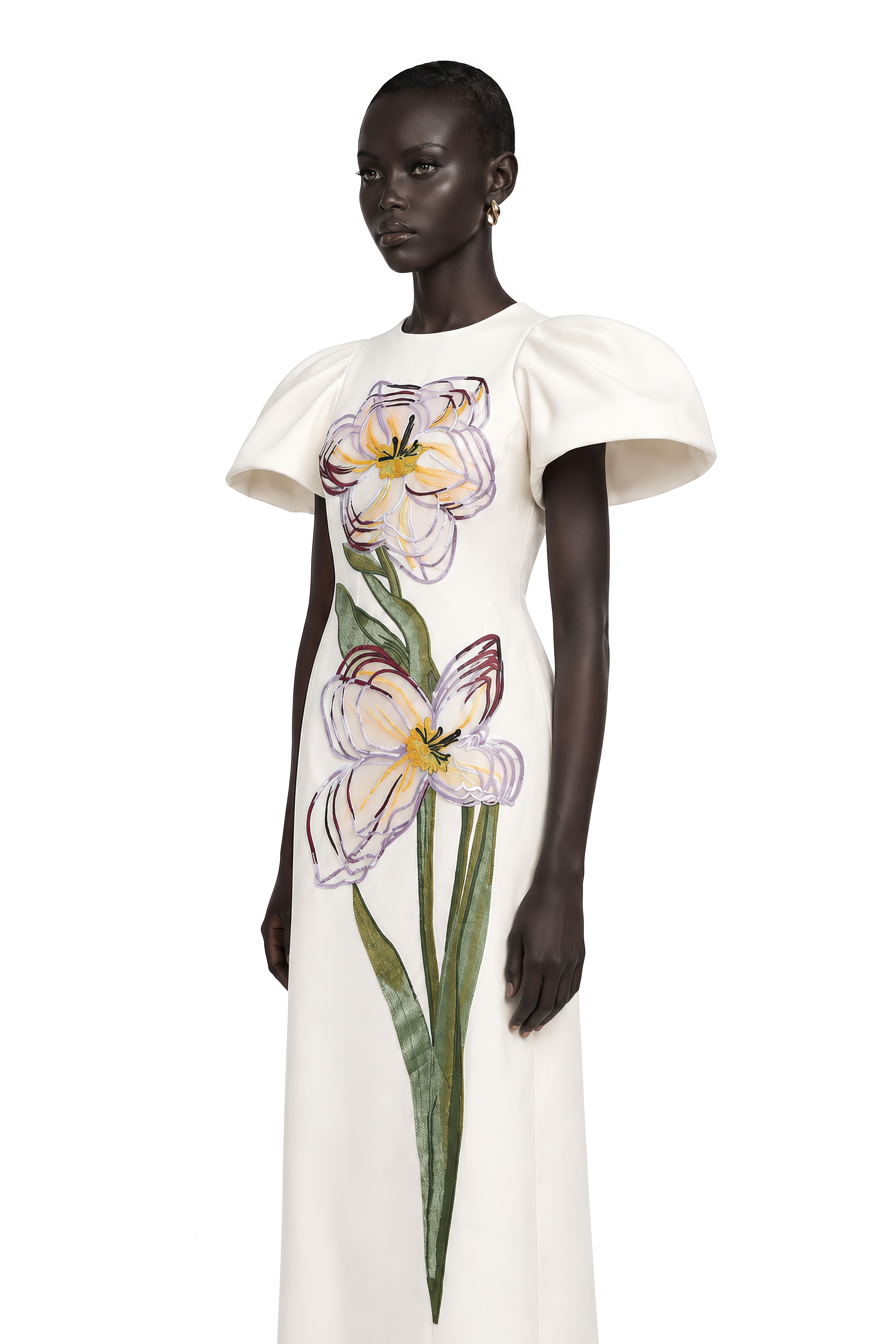 Irène White Sequin Floral Embroidered Midi Dress
