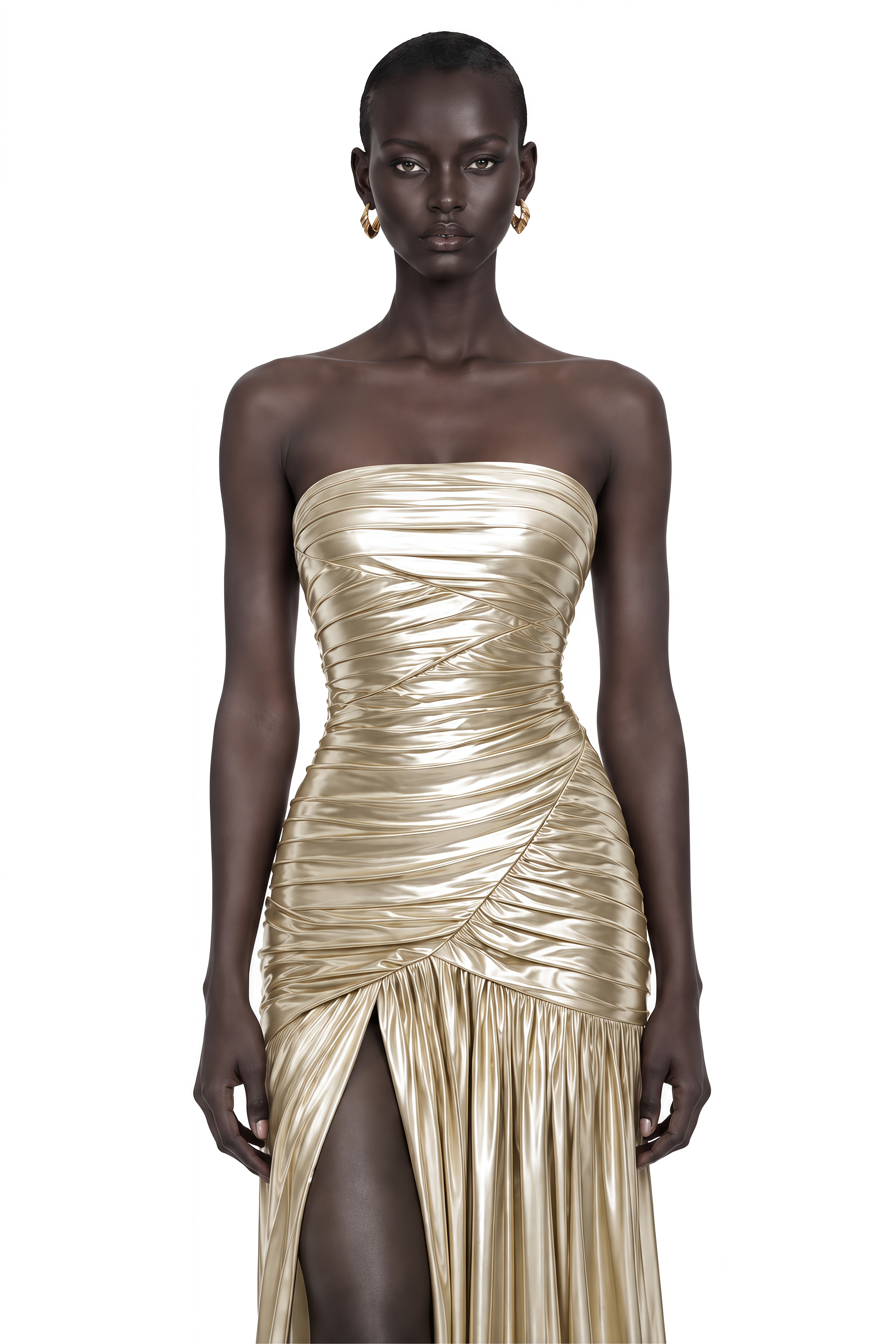 Jamila Champagne Ruched Glossy Maxi Dress with High Slit