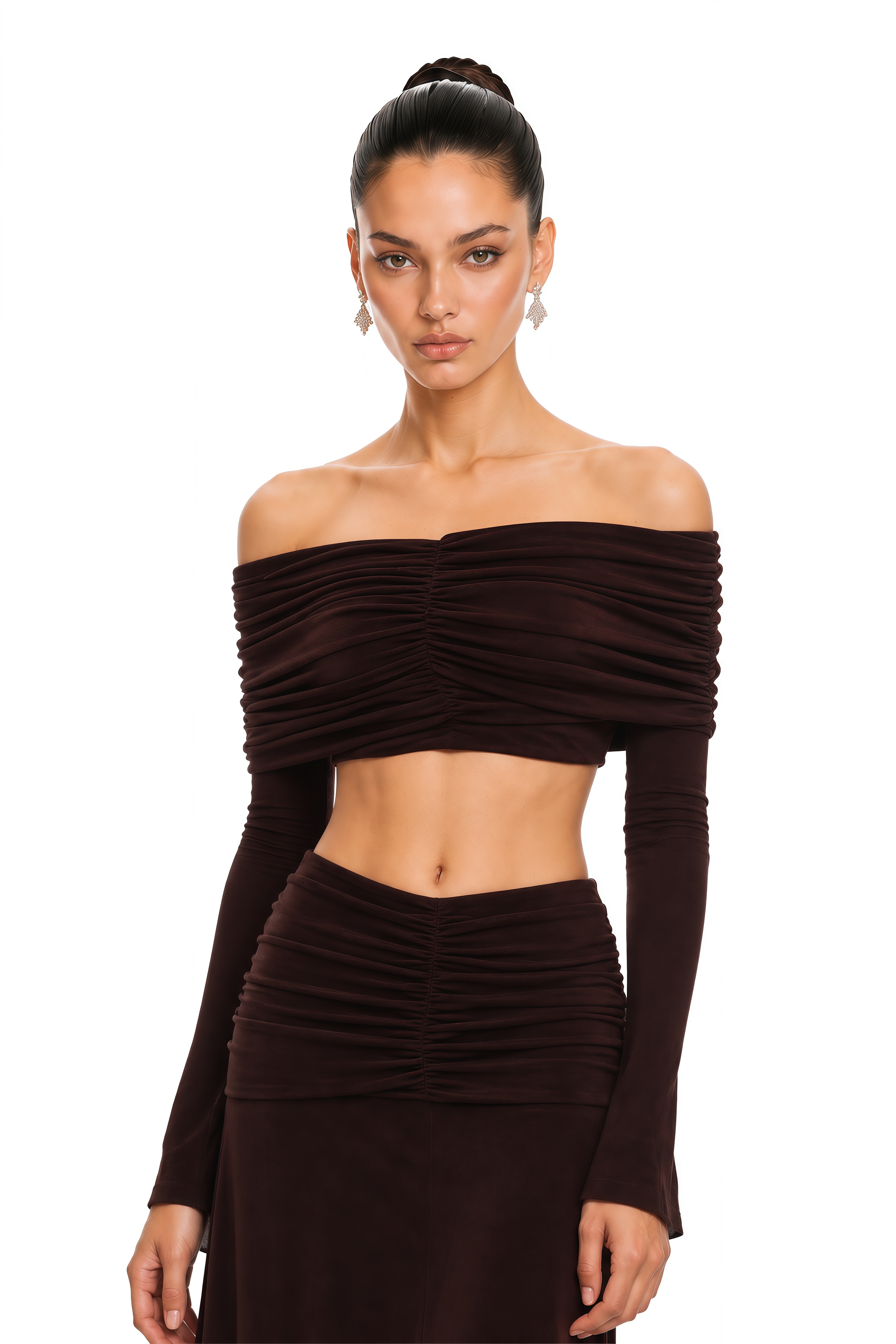 Solene Brown Off-Shoulder Top & Ruched Skirt Set