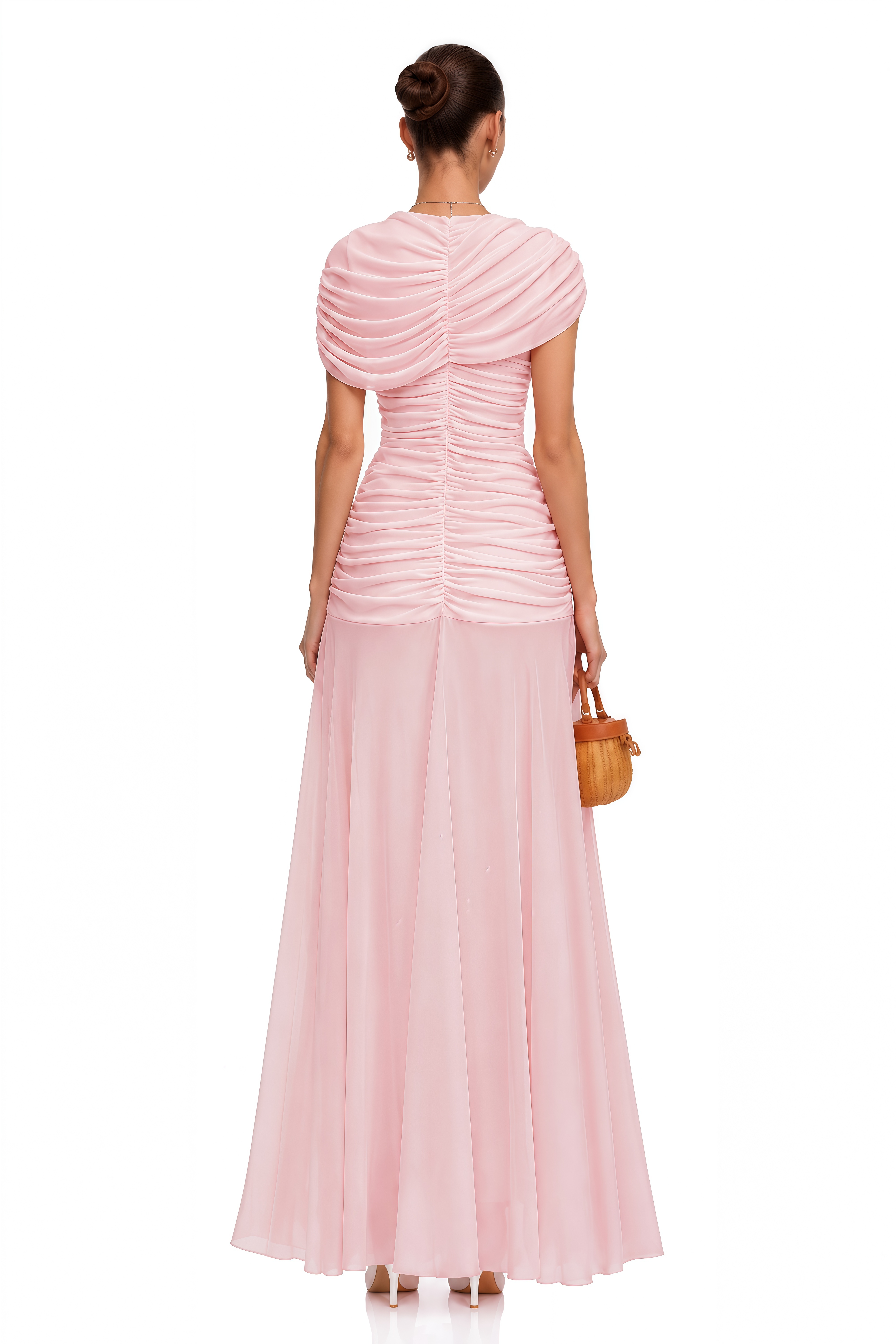 Rosalyn Pink Crew Neck Ruched Maxi Dress
