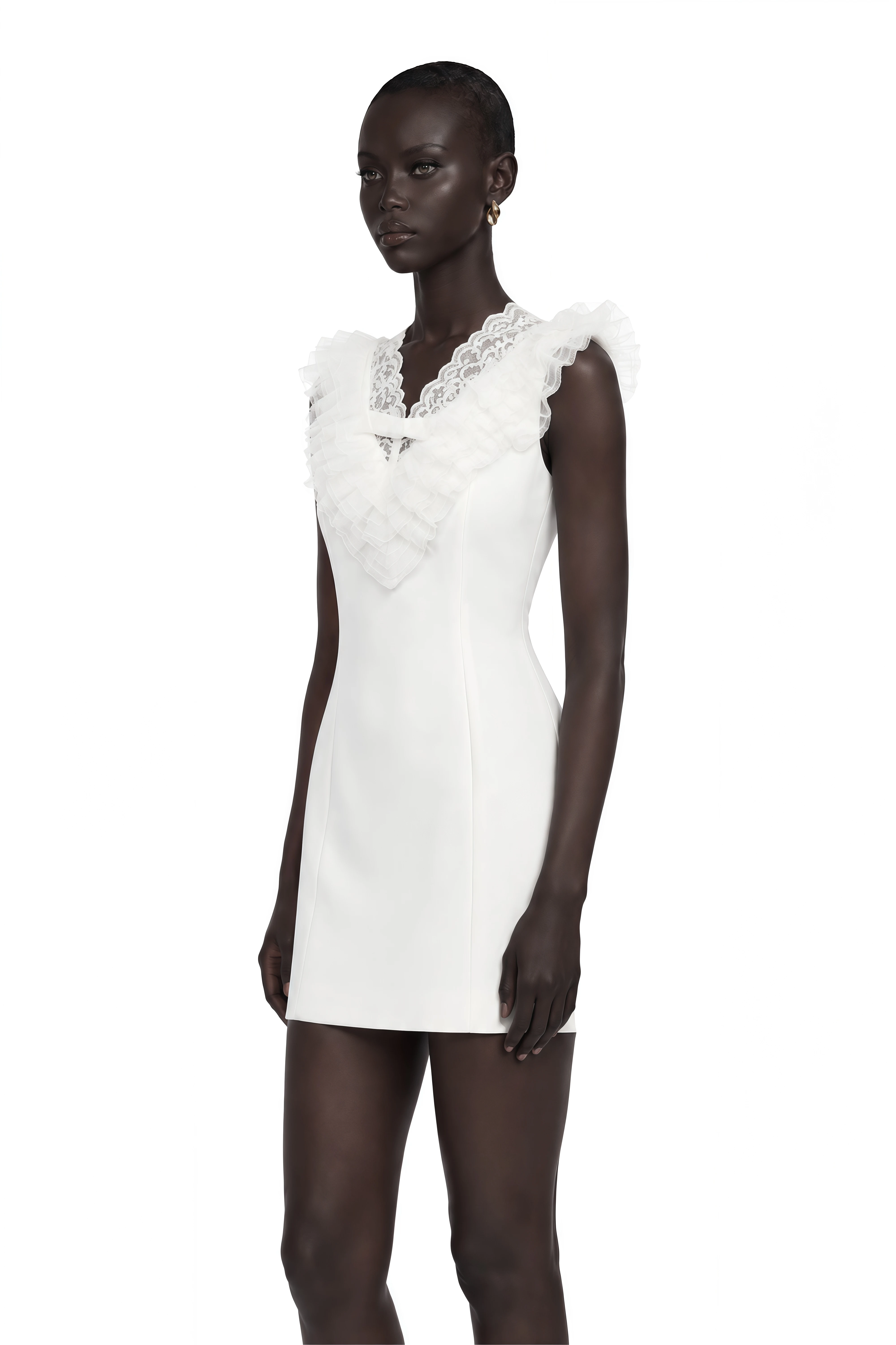 Elisabeth White V-Neck Mini Dress with Lace Panels
