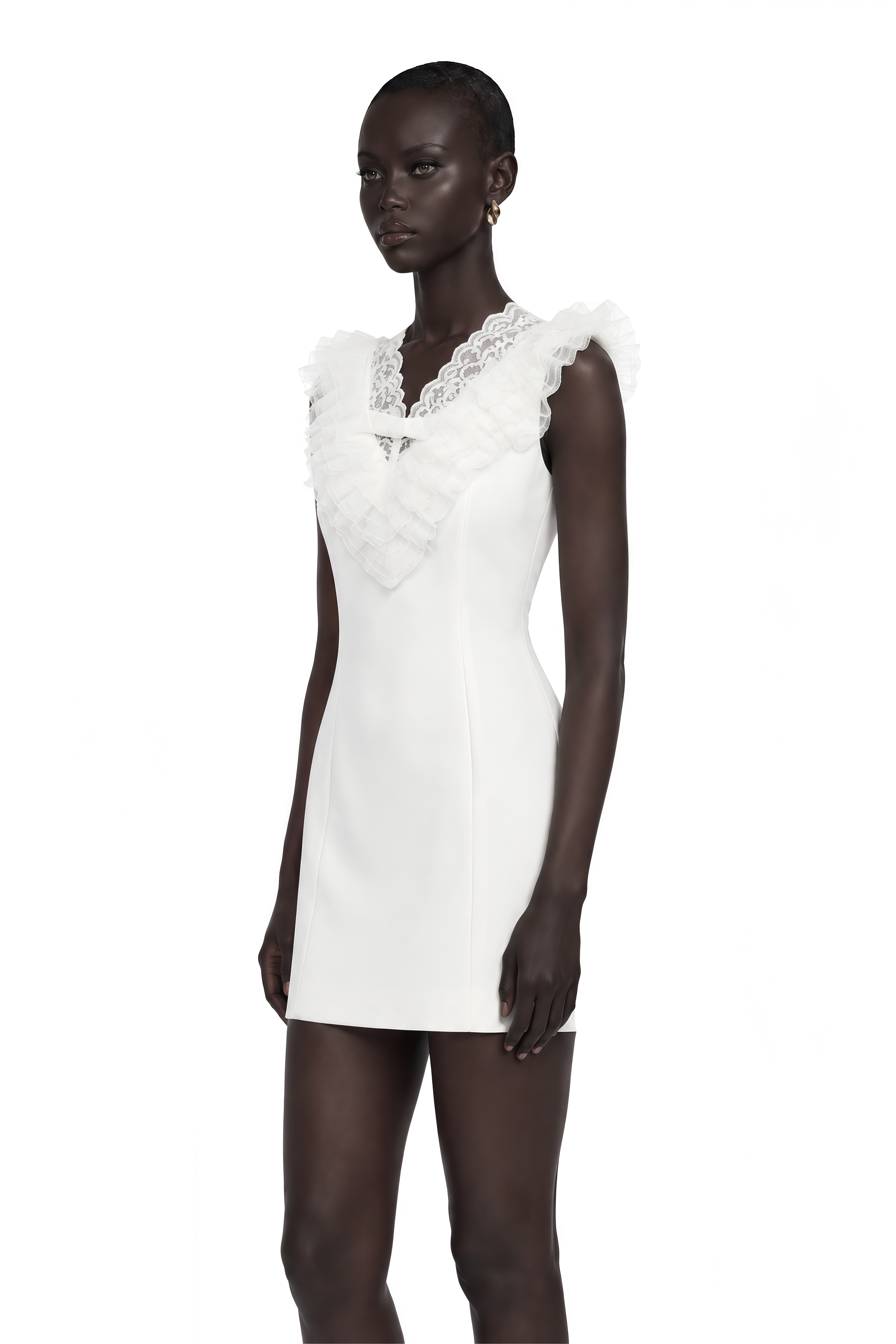Elisabeth White V-Neck Mini Dress with Lace Panels