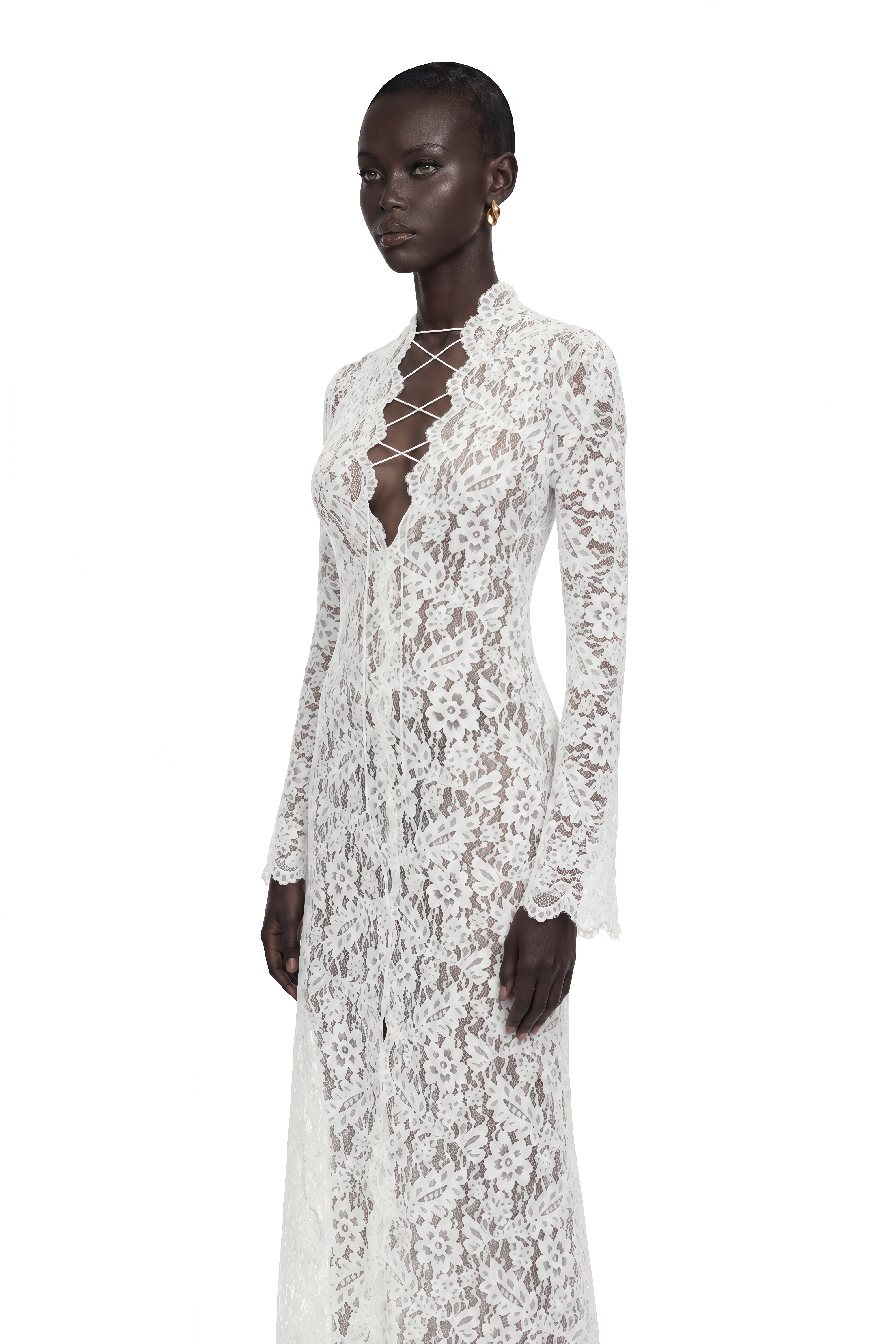 Maëlys White Floral Lace Plunge Neck Maxi Dress