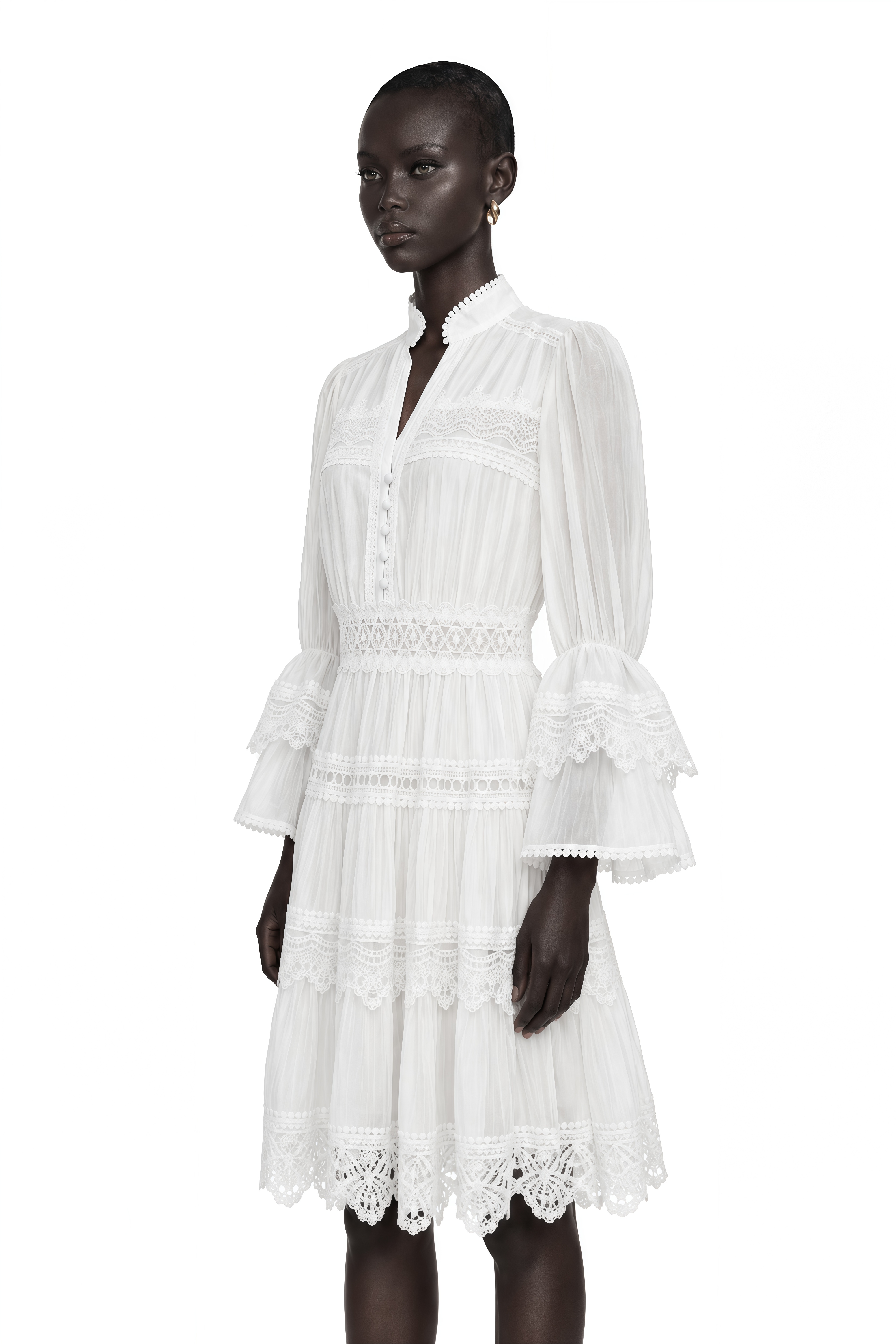 Hespera White Ruffled Floral Lace Mini Dress
