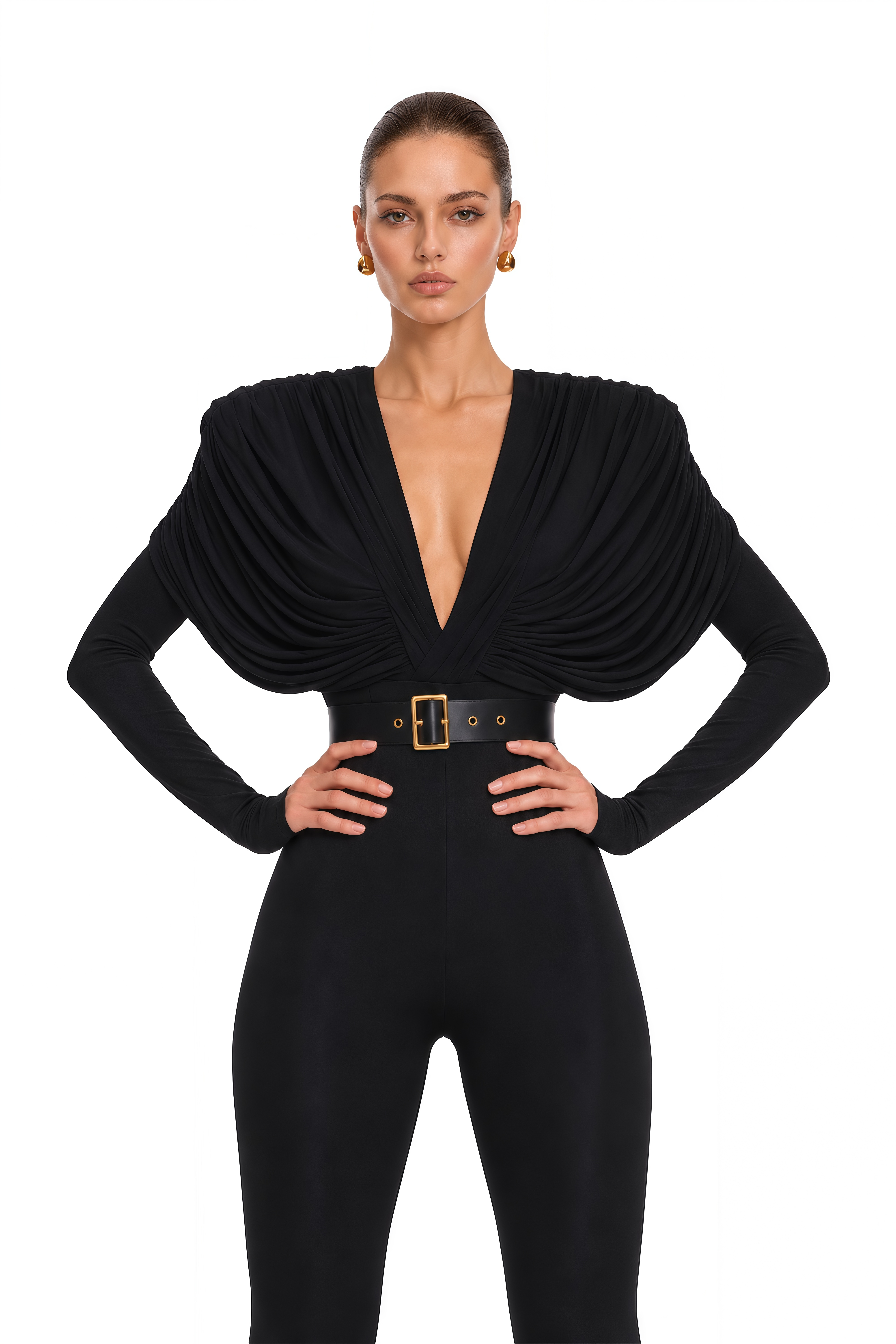 Gianina Black Deep V-Neck Draped Jumpsuit