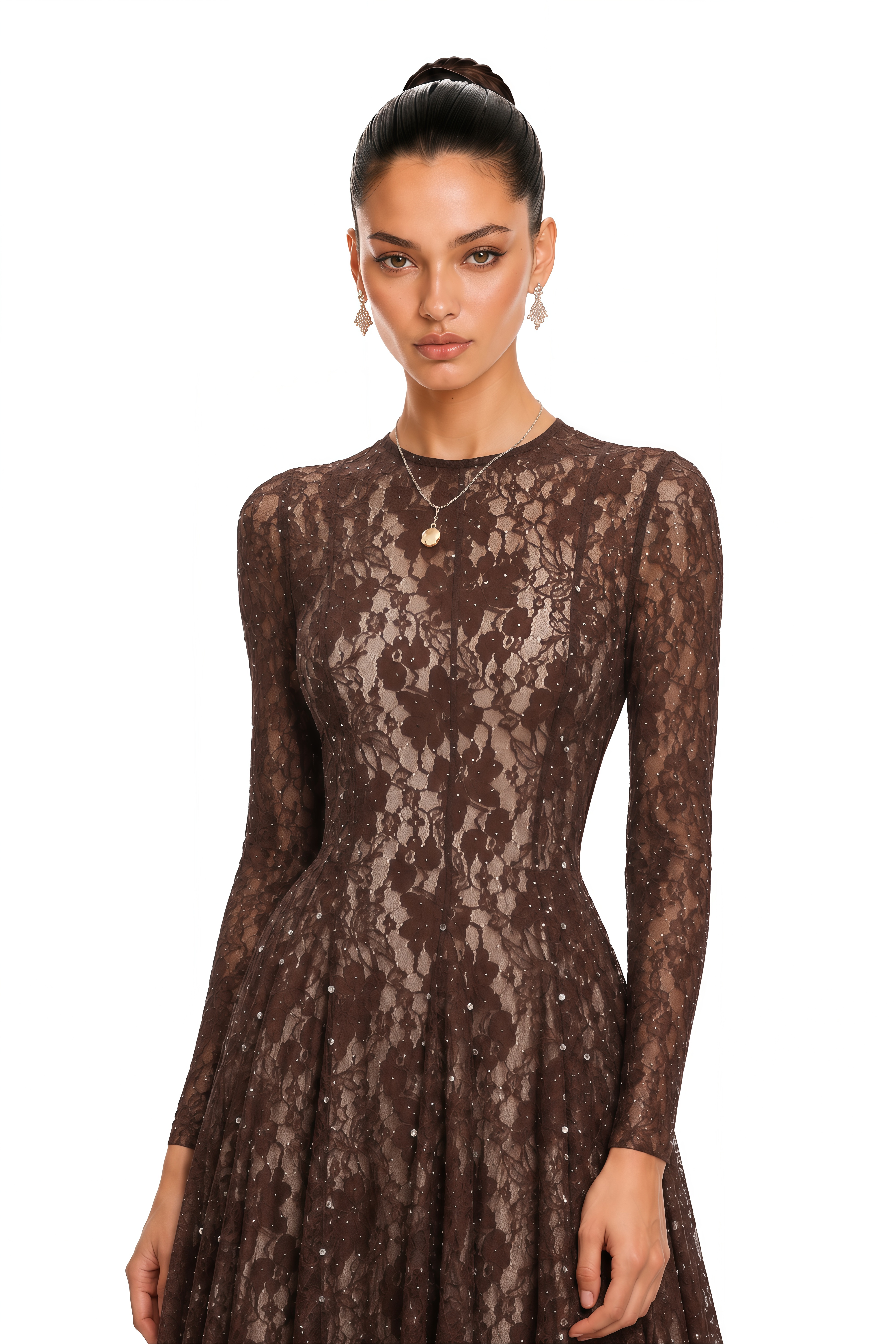 Hazel Brown Round Neck Floral Lace Maxi Dress
