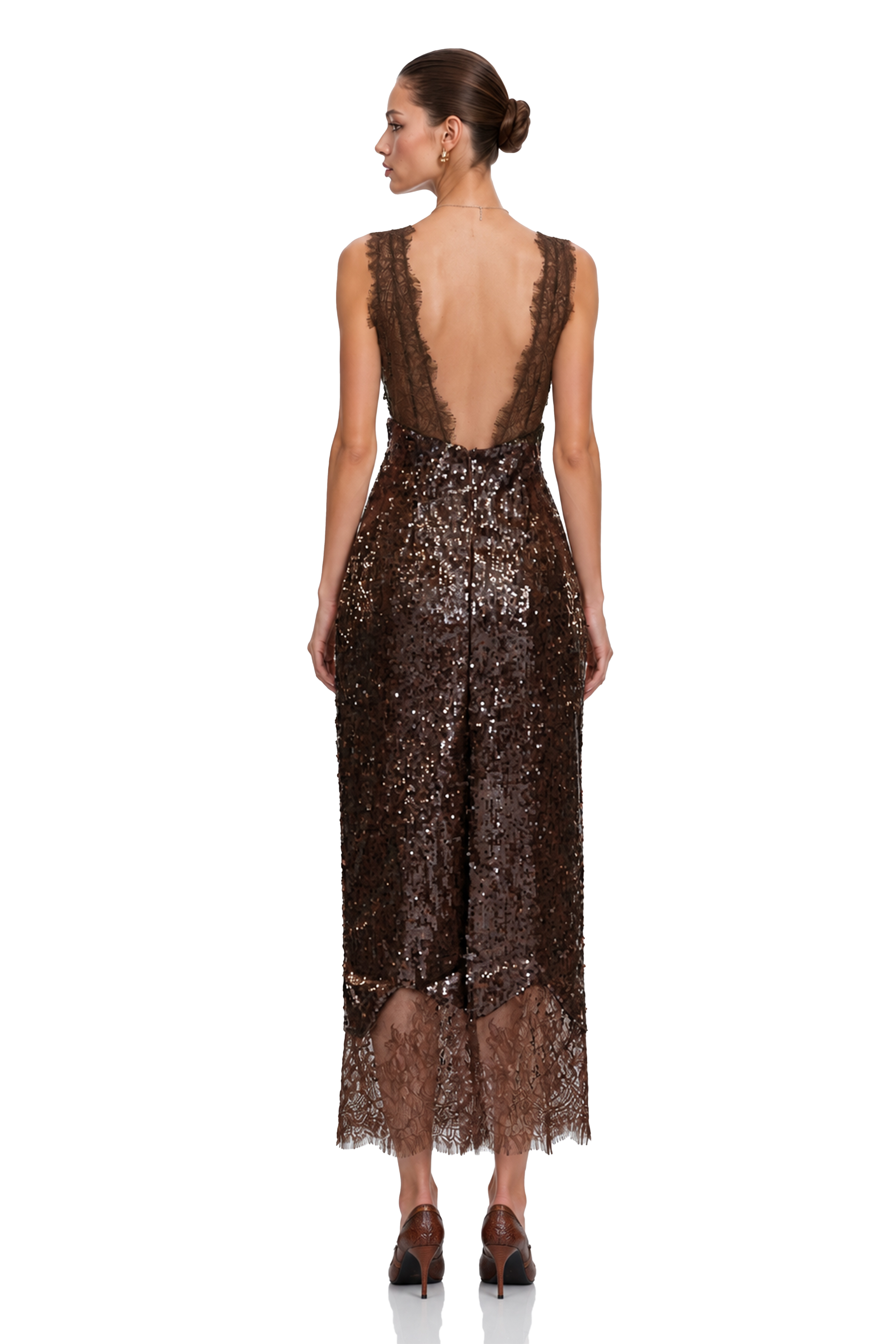 Ava Brown Lace Panel Sequined Maxi Dress