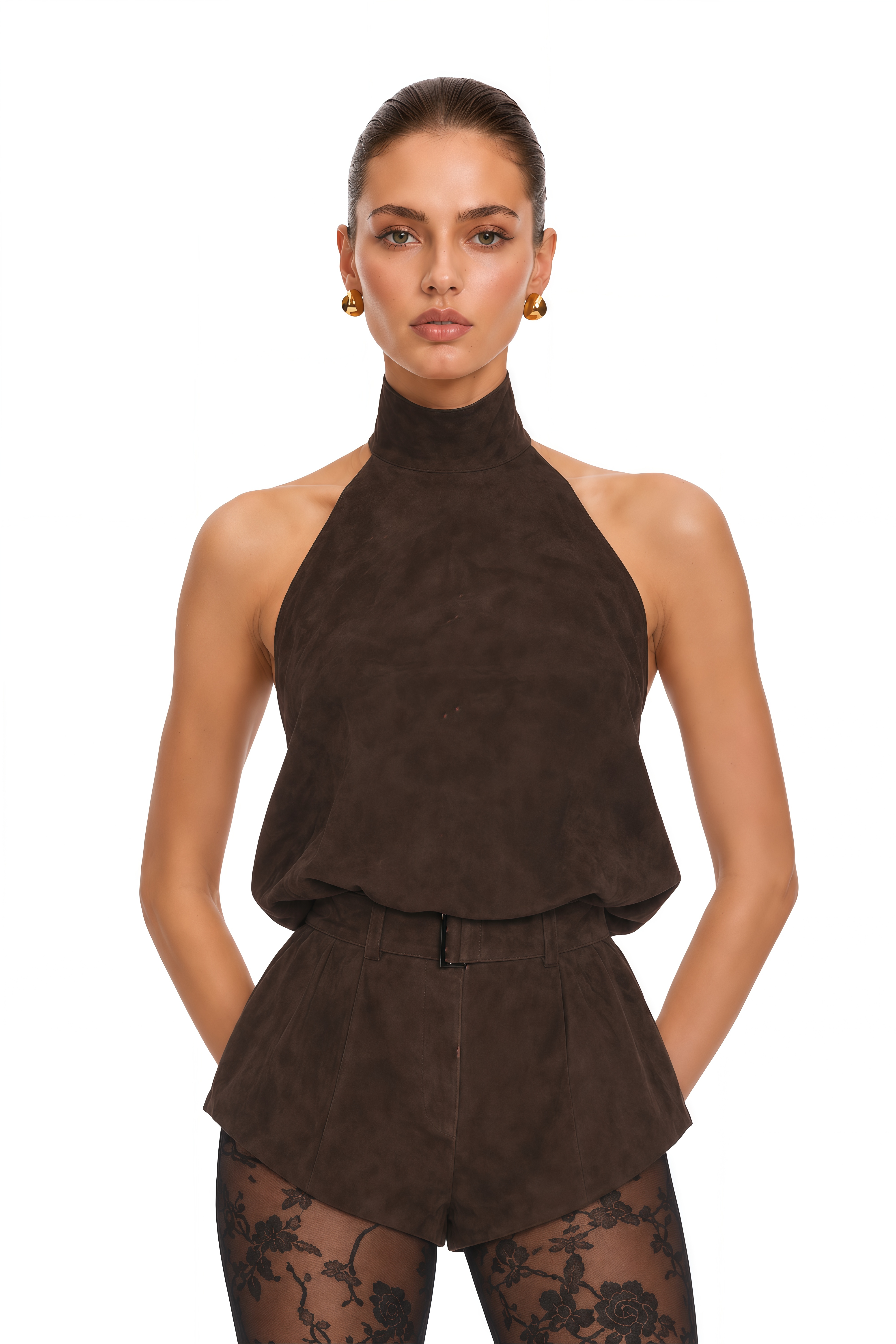 Chaney Brown Suede Bubble Hem Top & Shorts Set