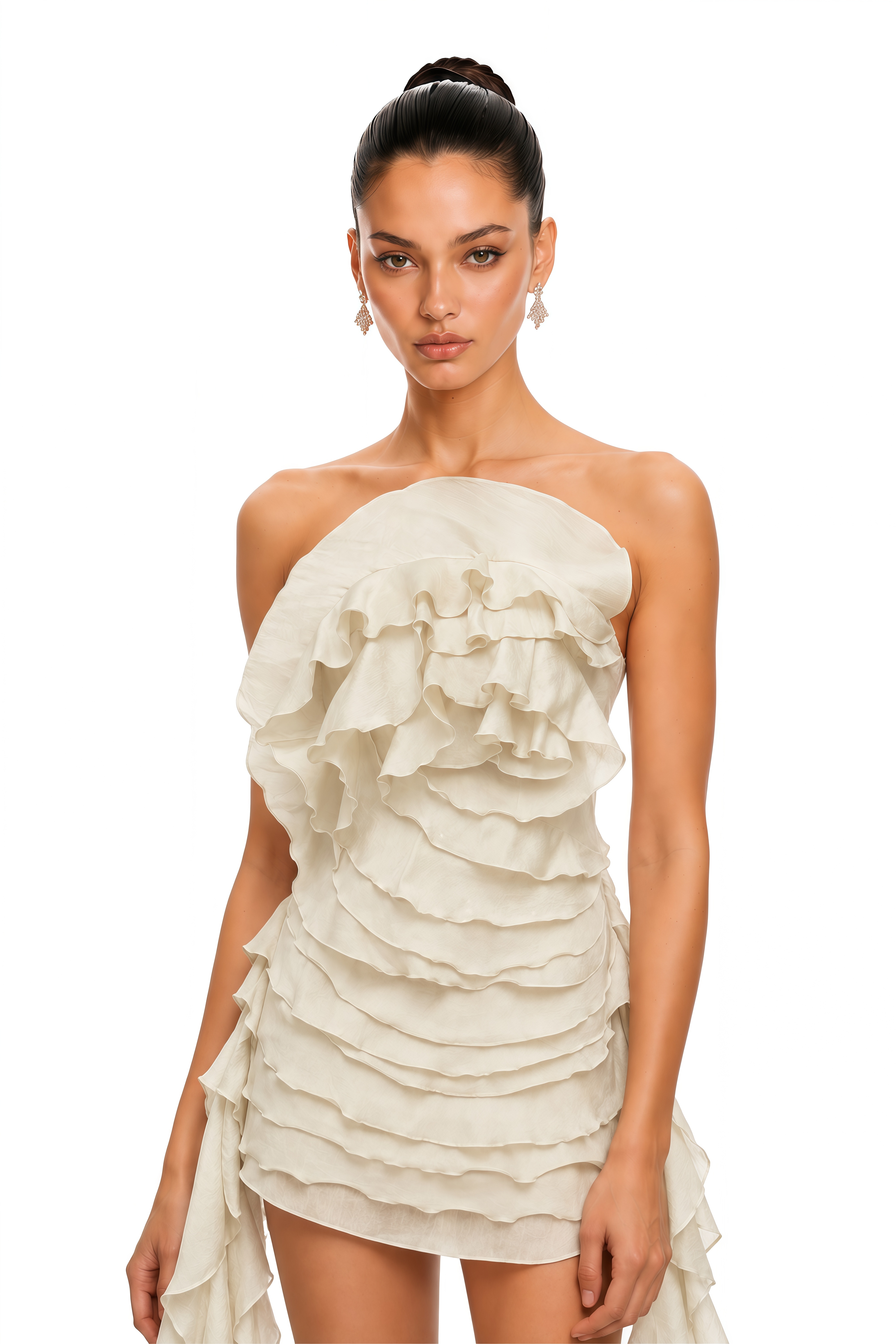 Anneli Neutral Off-Shoulder Ruffled Mini Dress