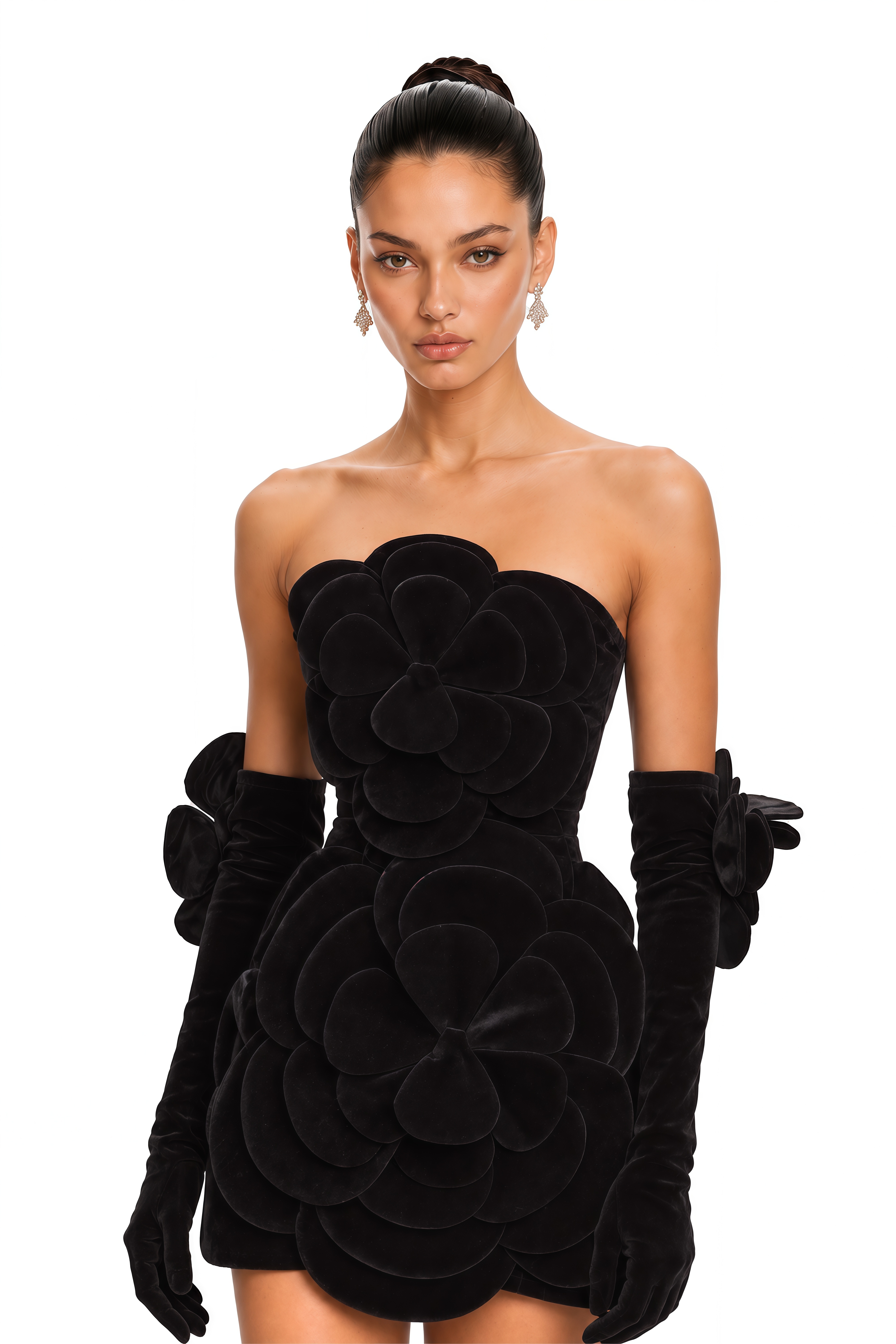 Azura Floral-Appliqué Mini Dress in Black