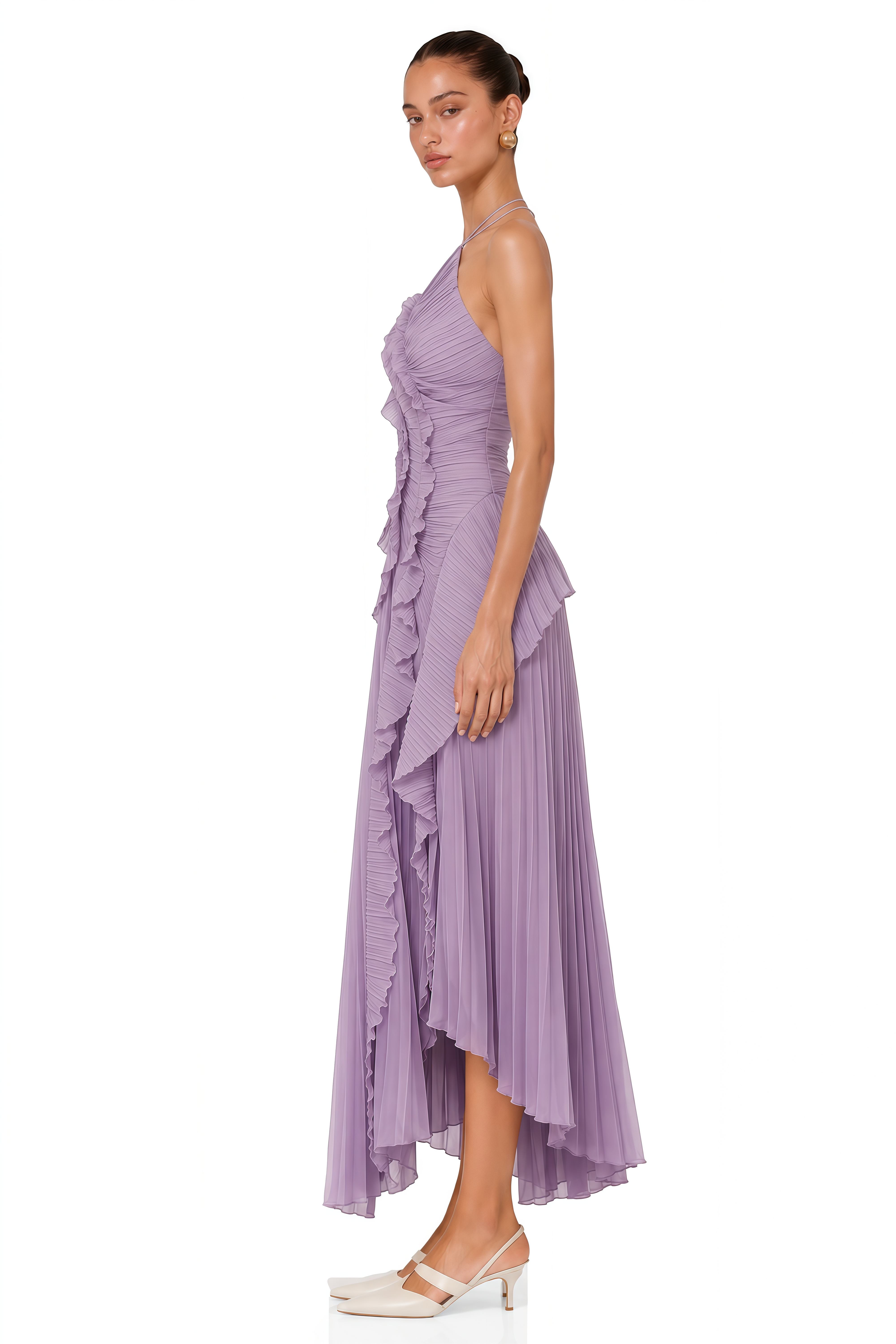 Doux Purple Ruffled Trim Pleated Midi Dress