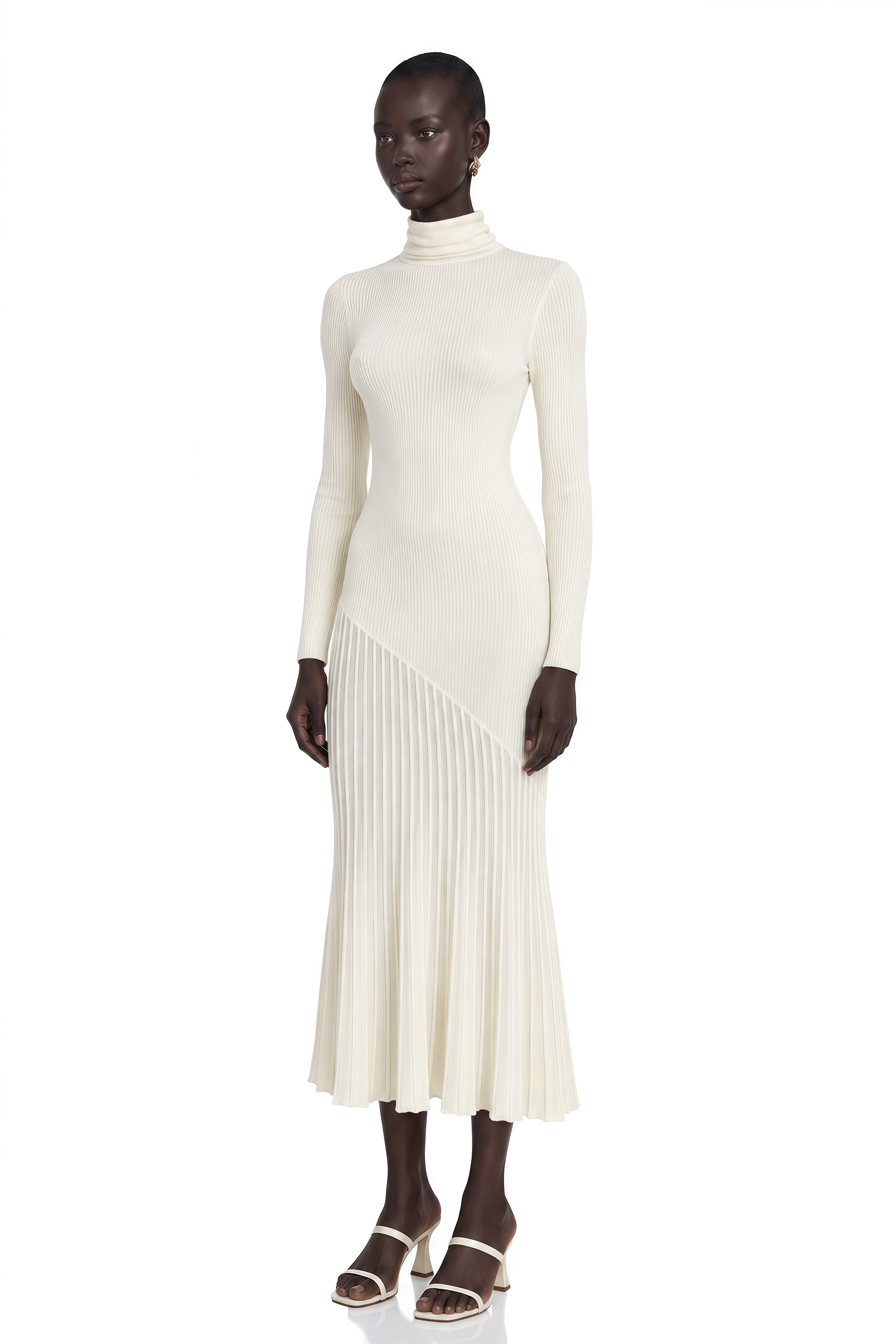 Émeline White Knitted Pleated Midi Dress