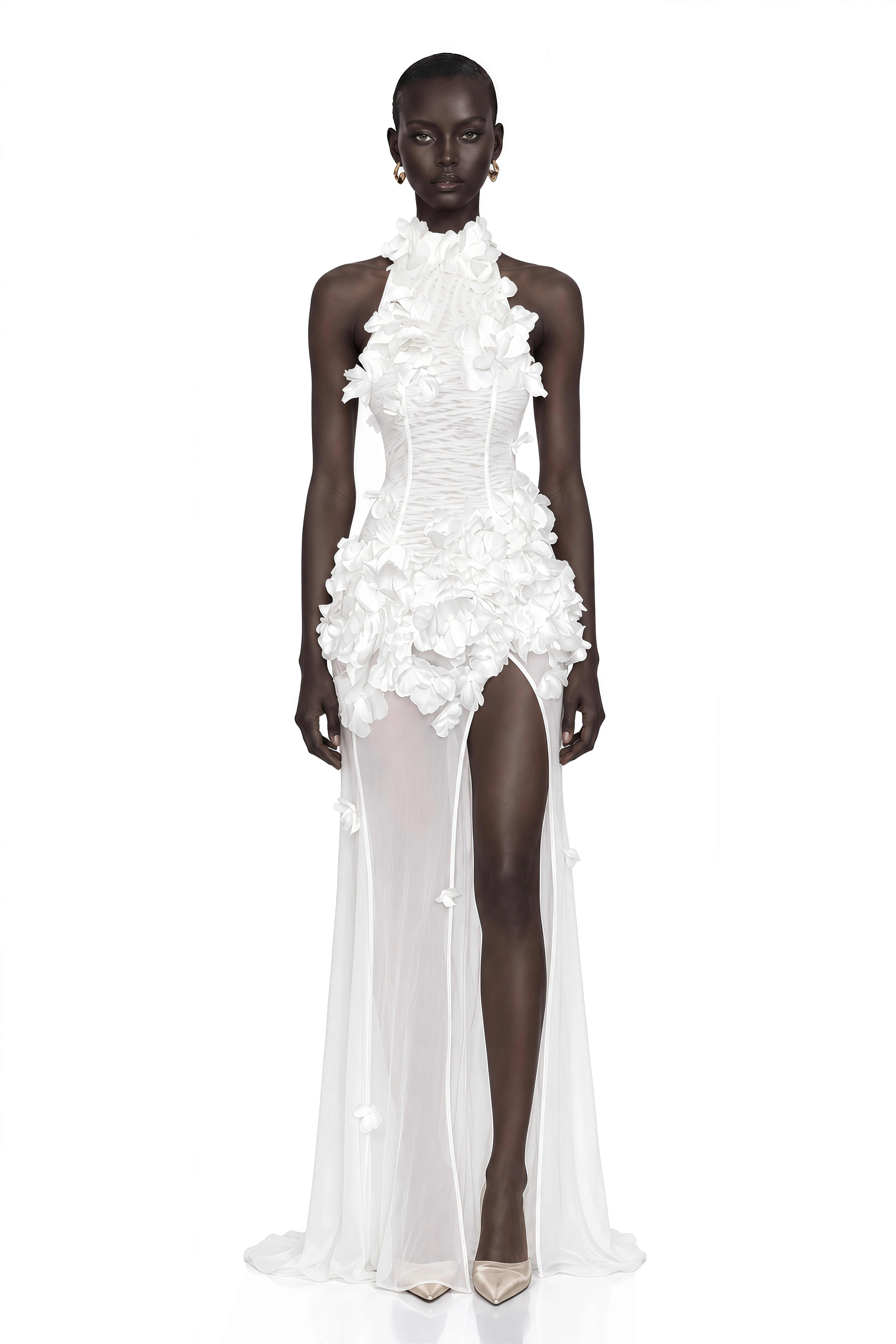 Guinevere White Halterneck Maxi Dress with 3D Florals
