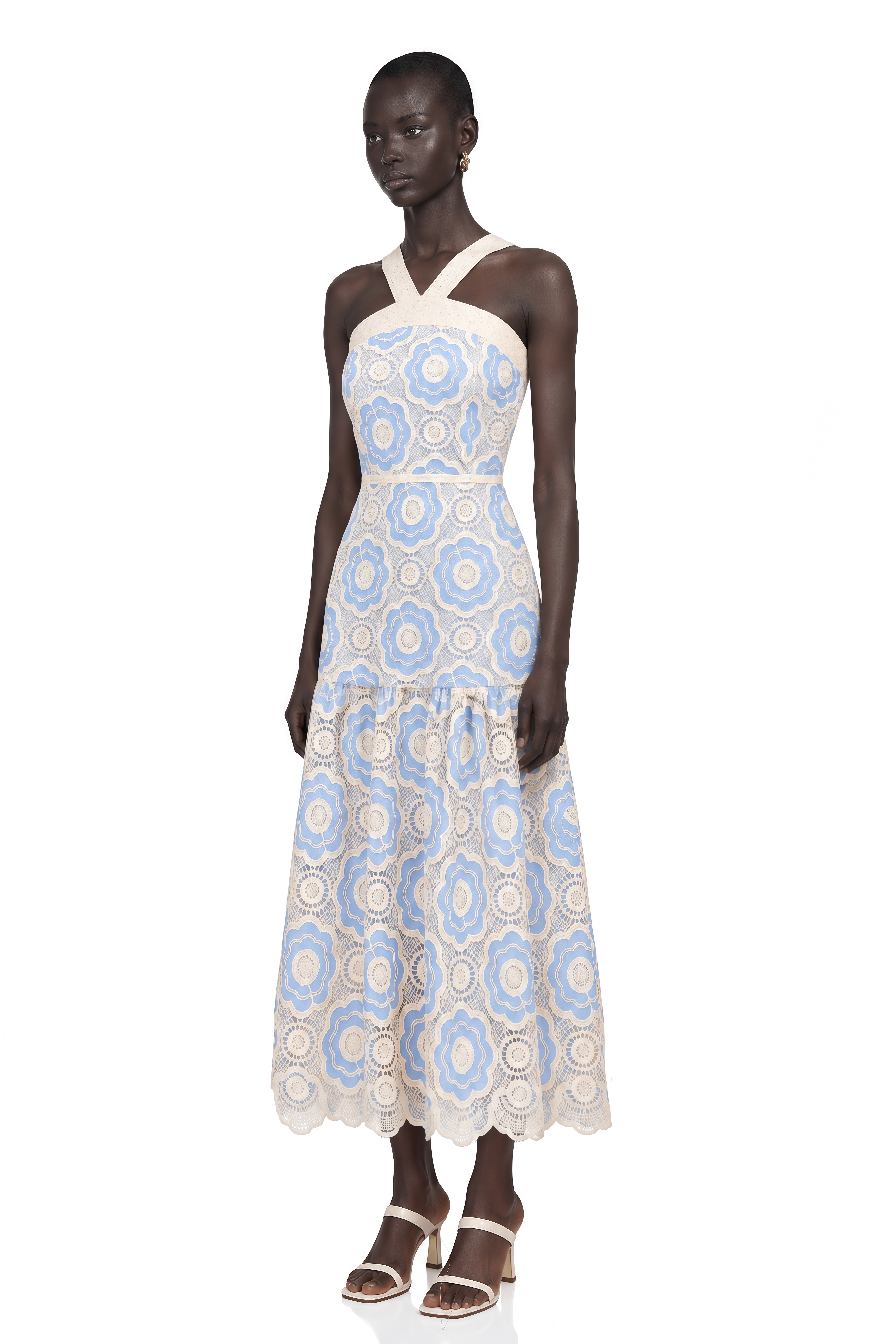 Frivole Blue Crochet Floral Midi Dress