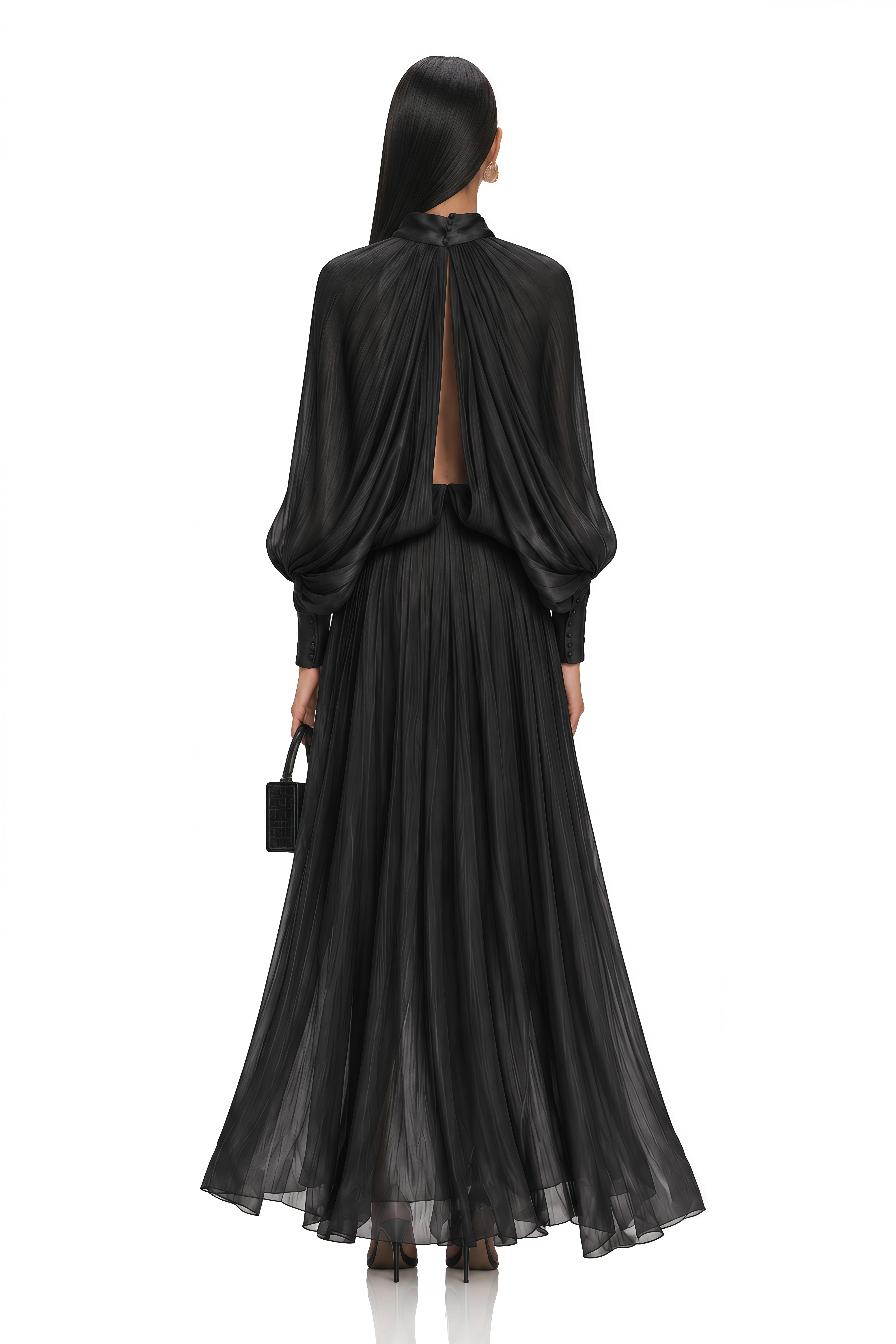 Mila Pleated Satin Maxi Dress in Black