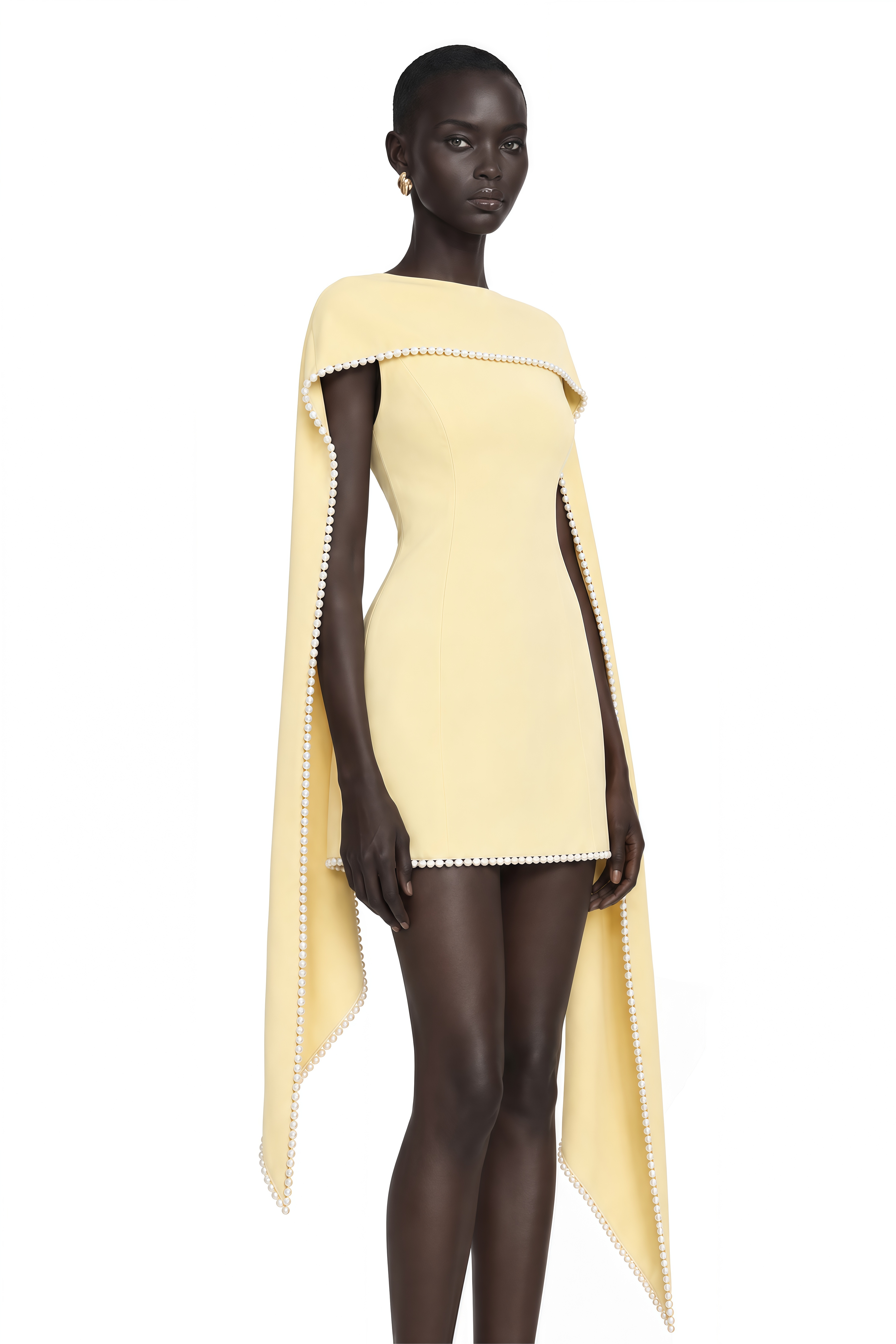 Piroska Yellow Sleeveless Pearl Trim Mini Dress