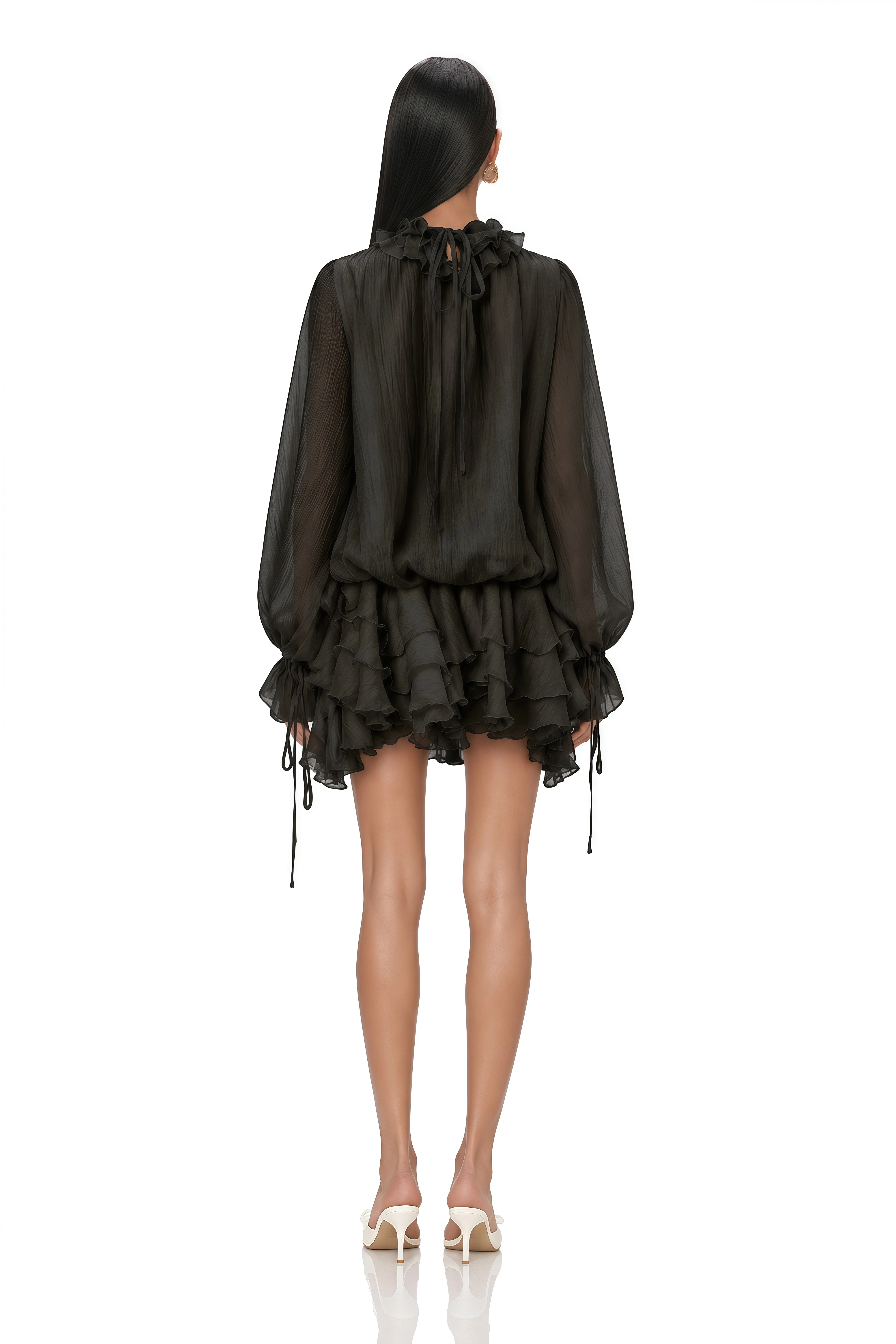 Zéphyrine Floral-Appliqué Tiered Mini Dress in Black