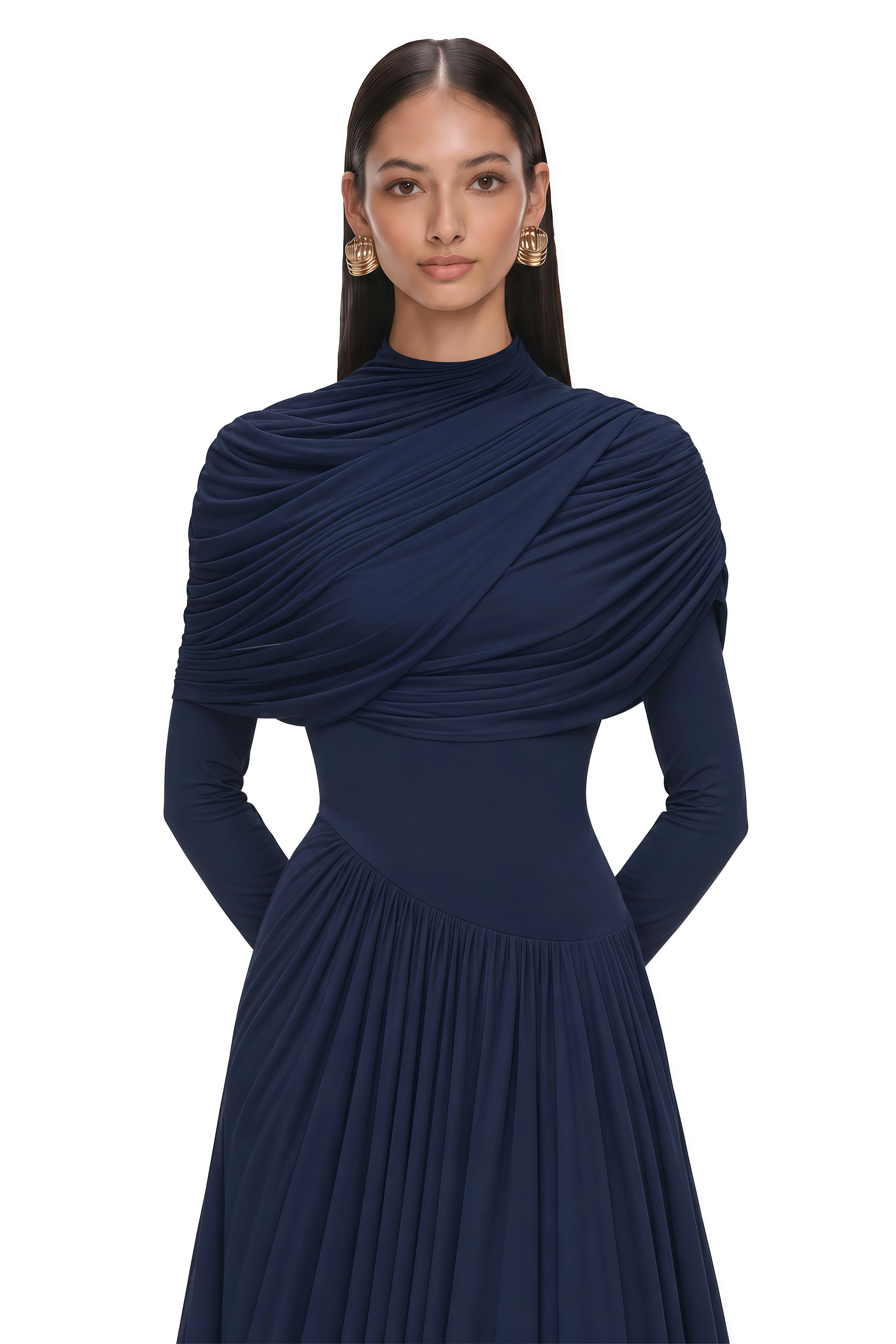 Catherine Navy-Blue Asymmetrical Pleated Long-Sleeve Maxi Dress