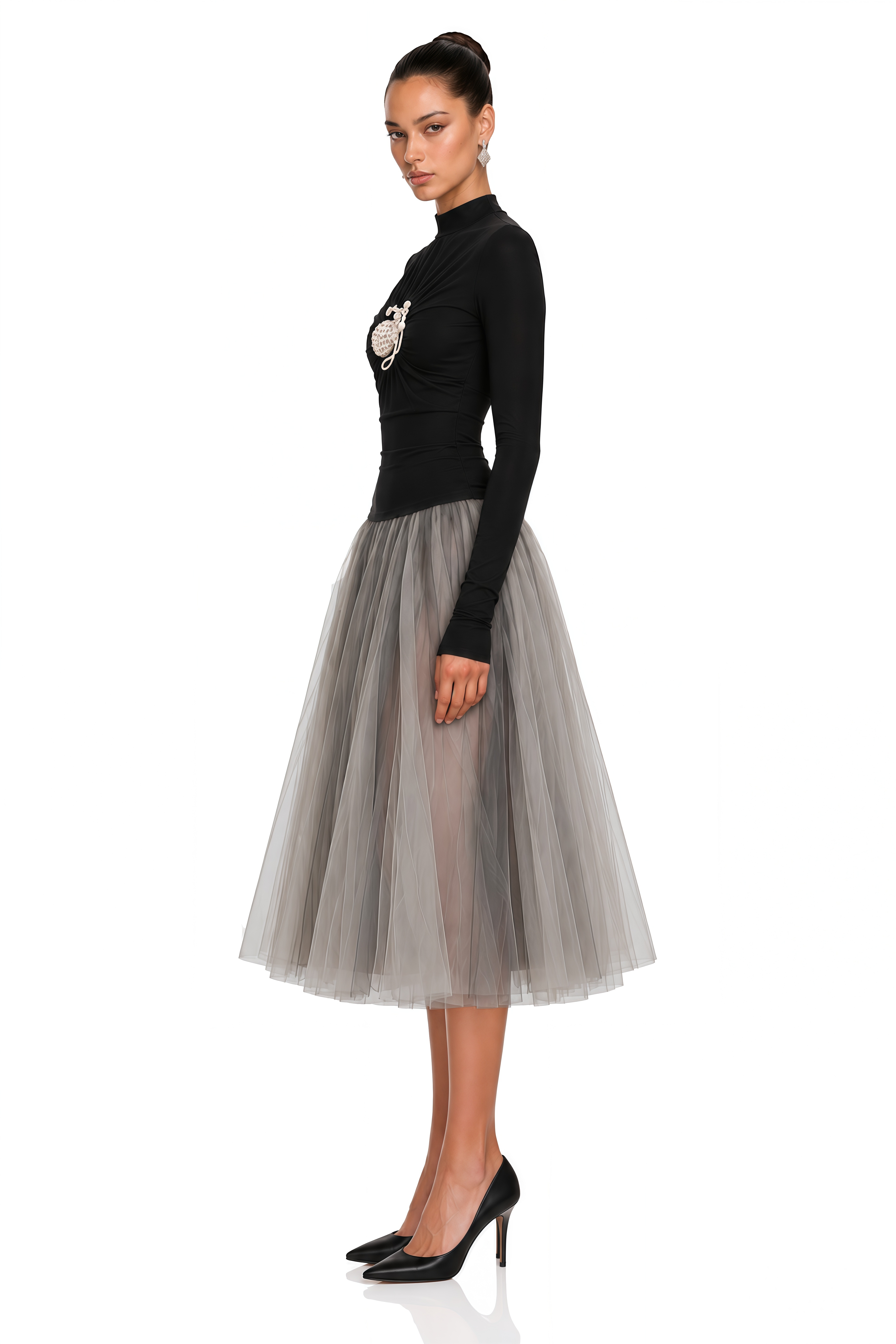 Cézanne Black Crochet Detail Tulle Panel Midi Dress
