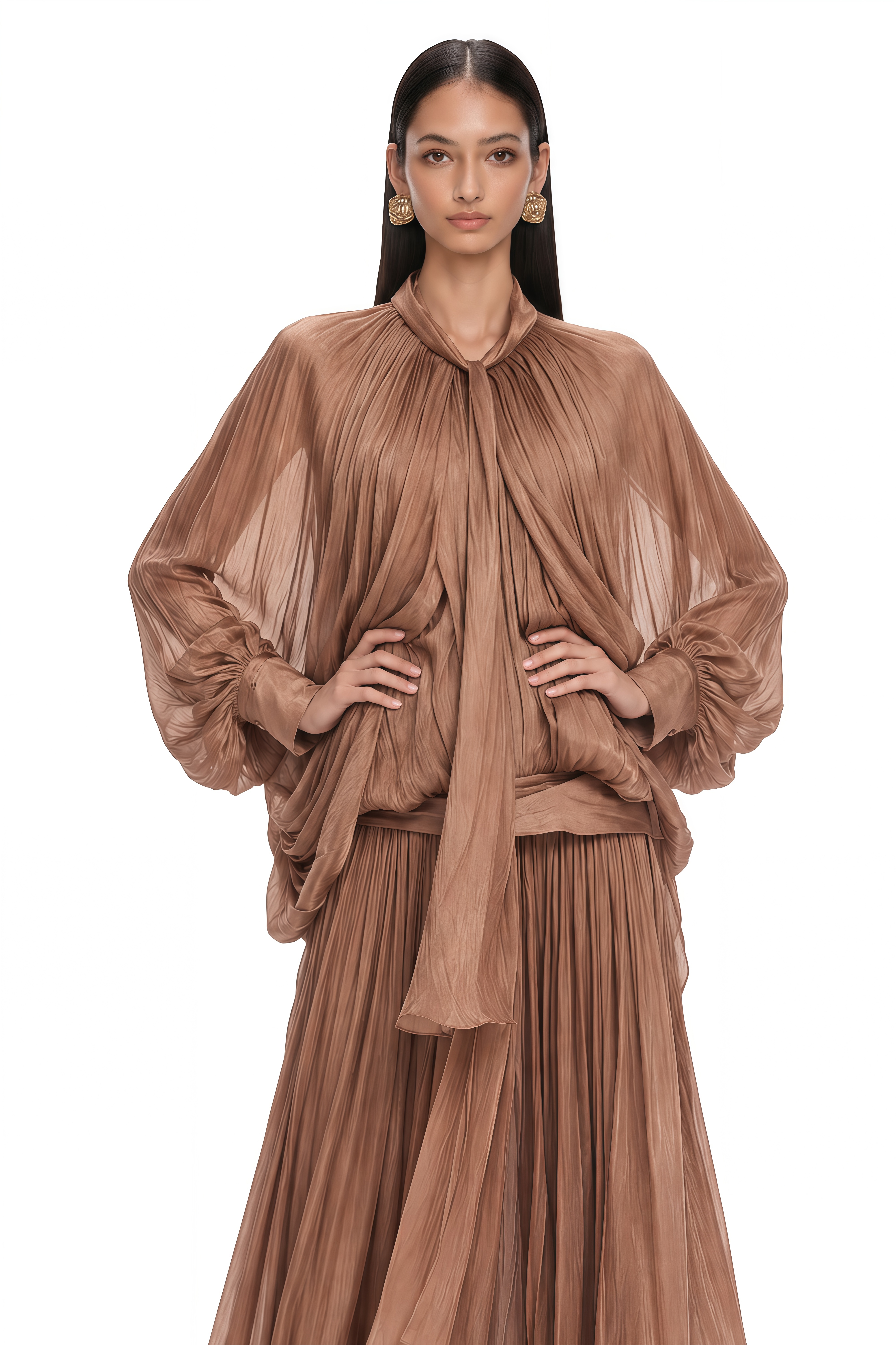 Mila Brown Pleated Satin Maxi Dress