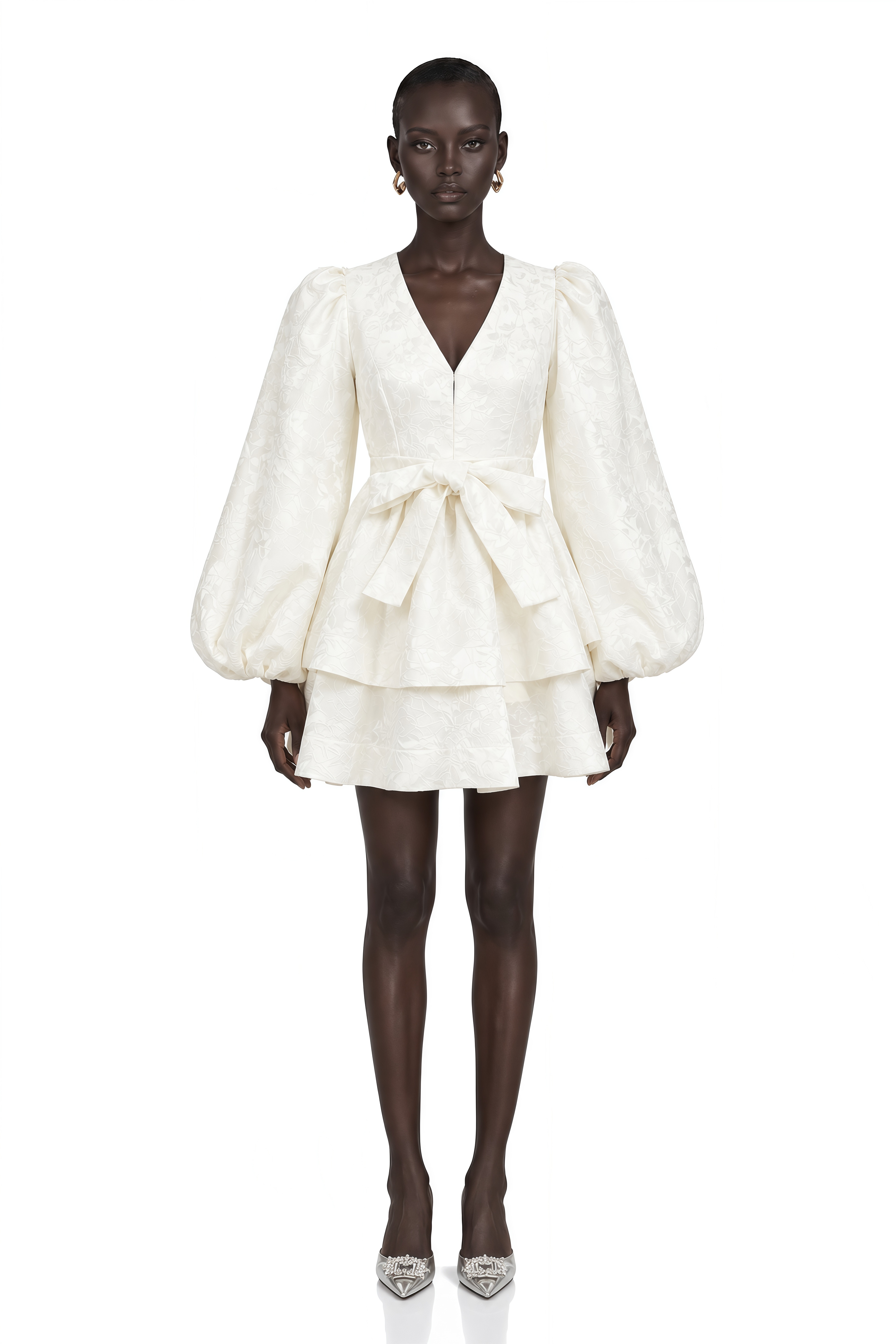 Colette White Jacquard Tiered Mini Dress